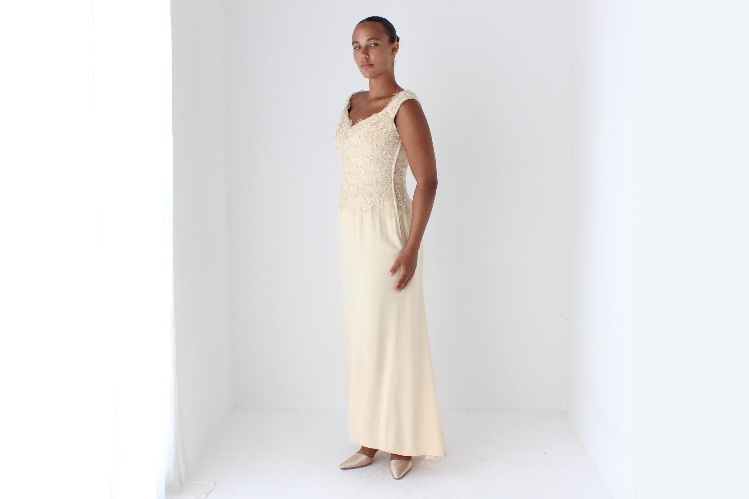 1990s LIANCARLO COUTURE Beaded Lace Buttercream Gown