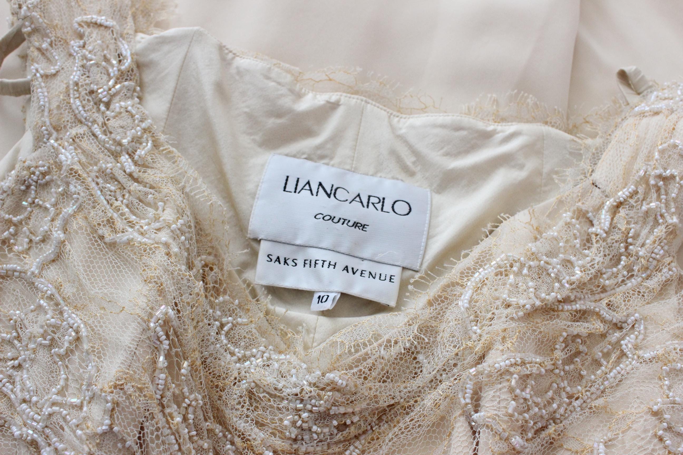 1990s LIANCARLO COUTURE Beaded Lace Buttercream Gown