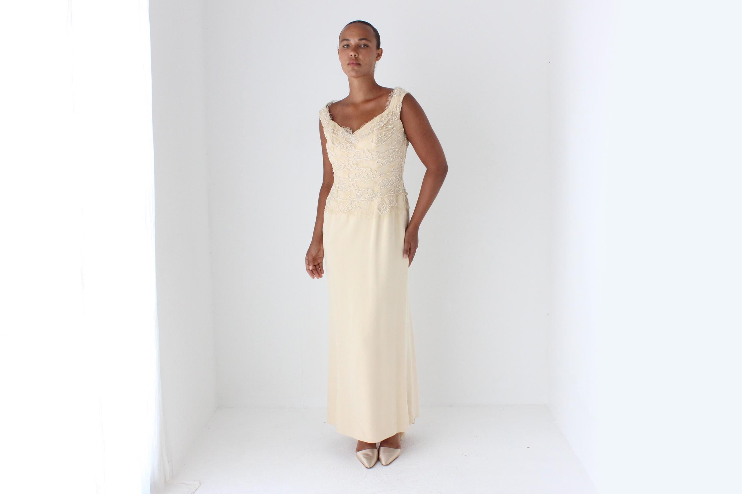 1990s LIANCARLO COUTURE Beaded Lace Buttercream Gown