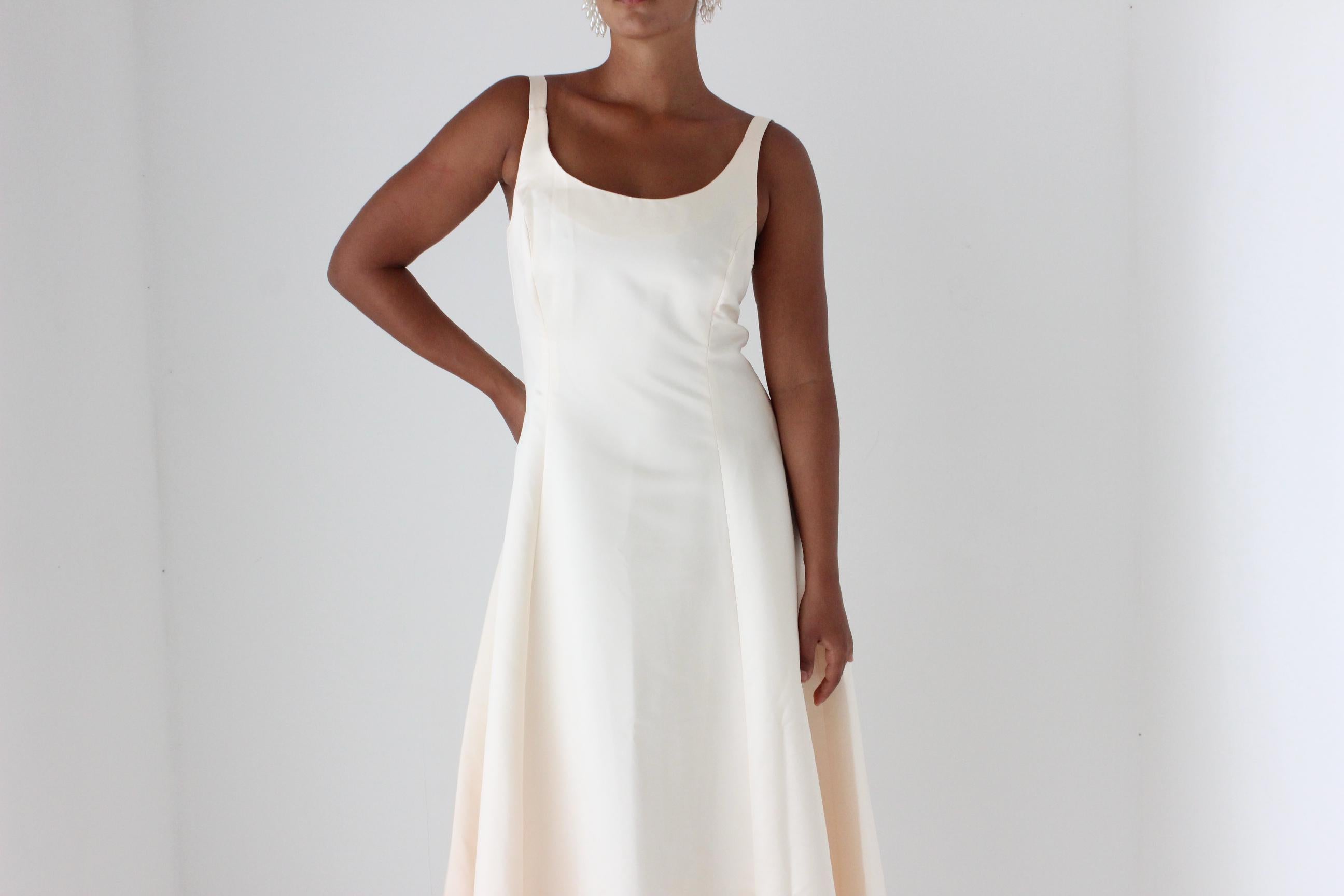 90s Minimal Duchess Satin Scoop Neck Vintage Cocktail Gown