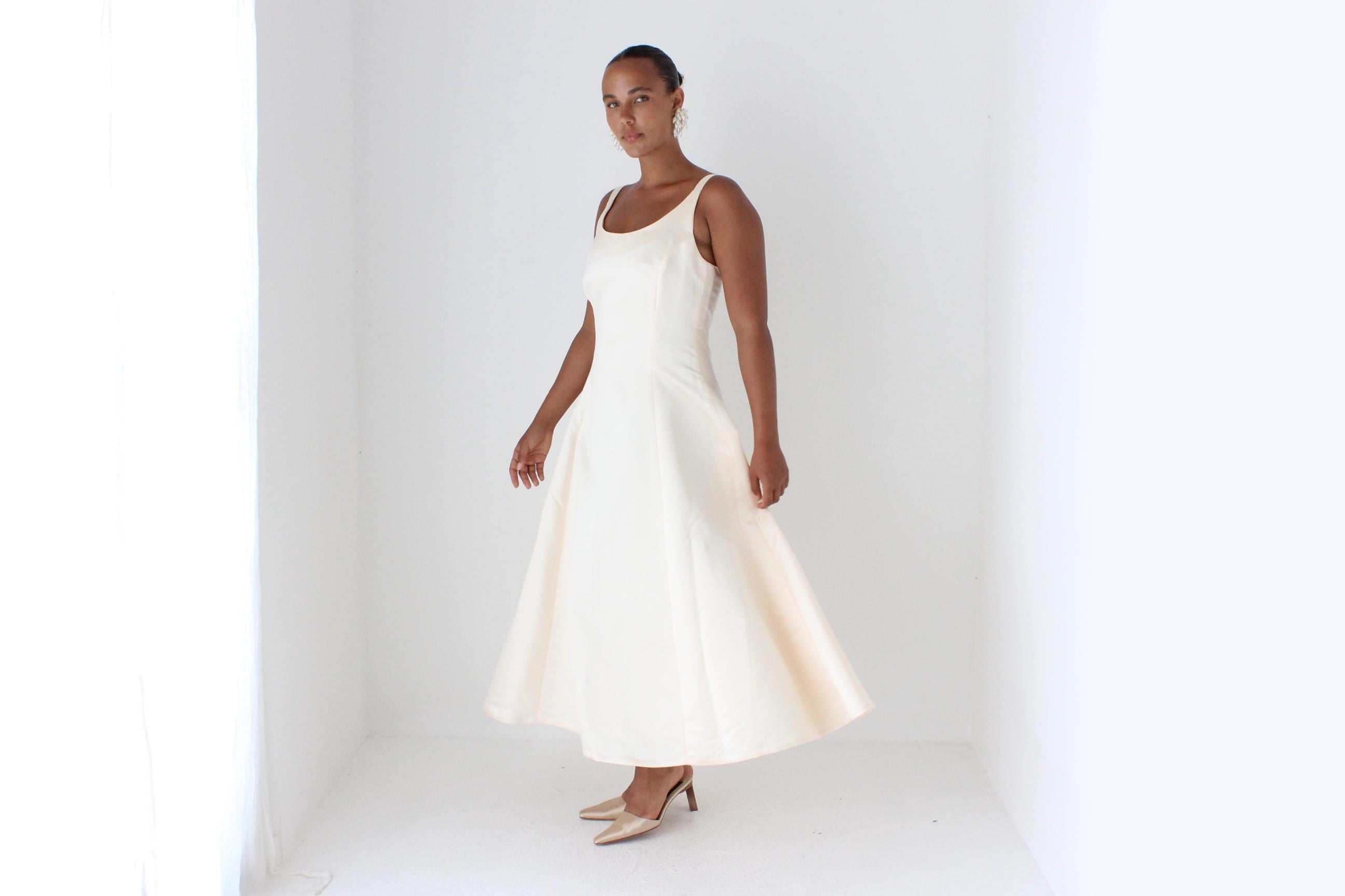 90s Minimal Duchess Satin Scoop Neck Vintage Cocktail Gown