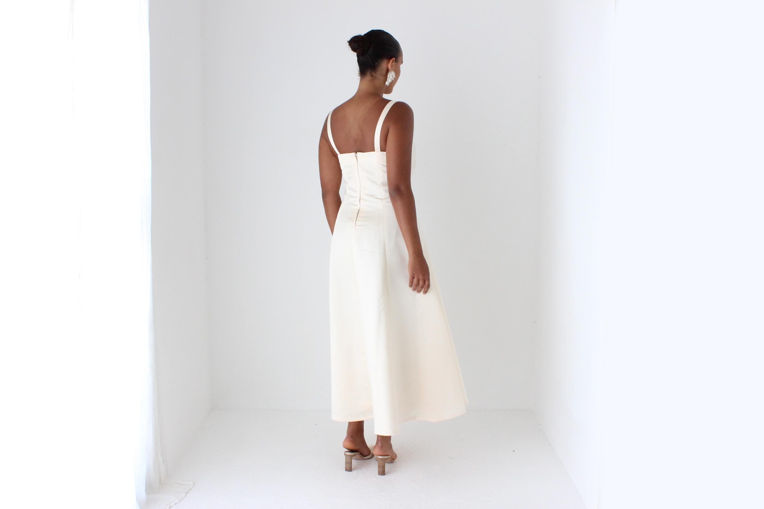 90s Minimal Duchess Satin Scoop Neck Vintage Cocktail Gown