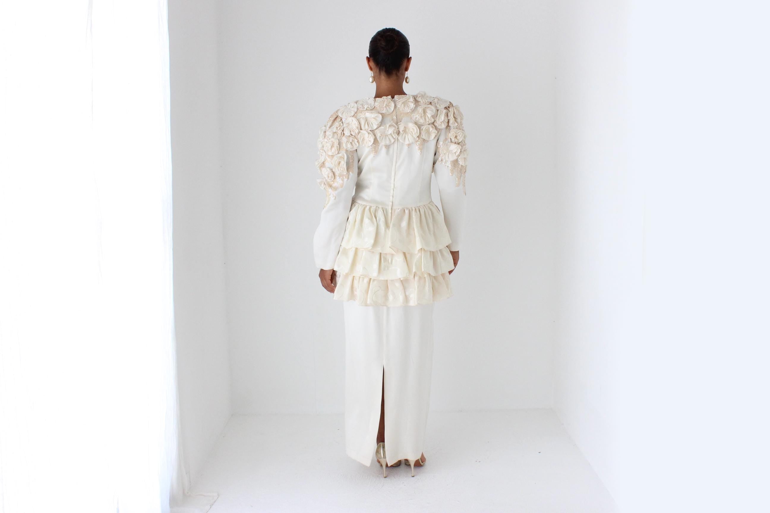Fabulous 80s Silk Ruffle, Rosette & Sequin Dress