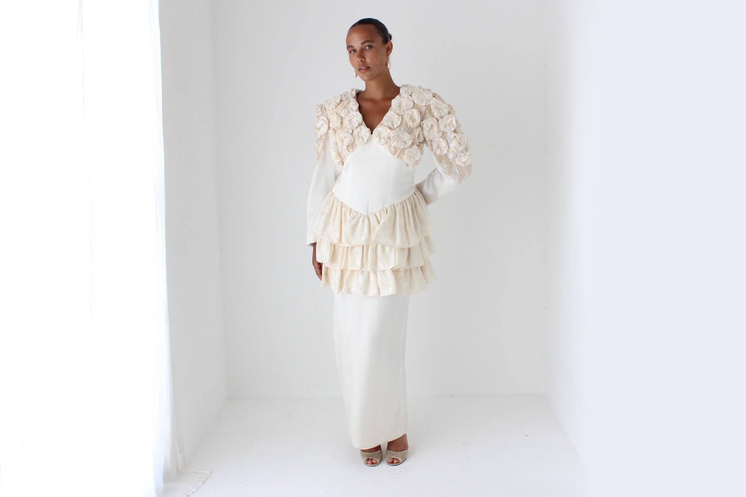 Fabulous 80s Silk Ruffle, Rosette & Sequin Dress