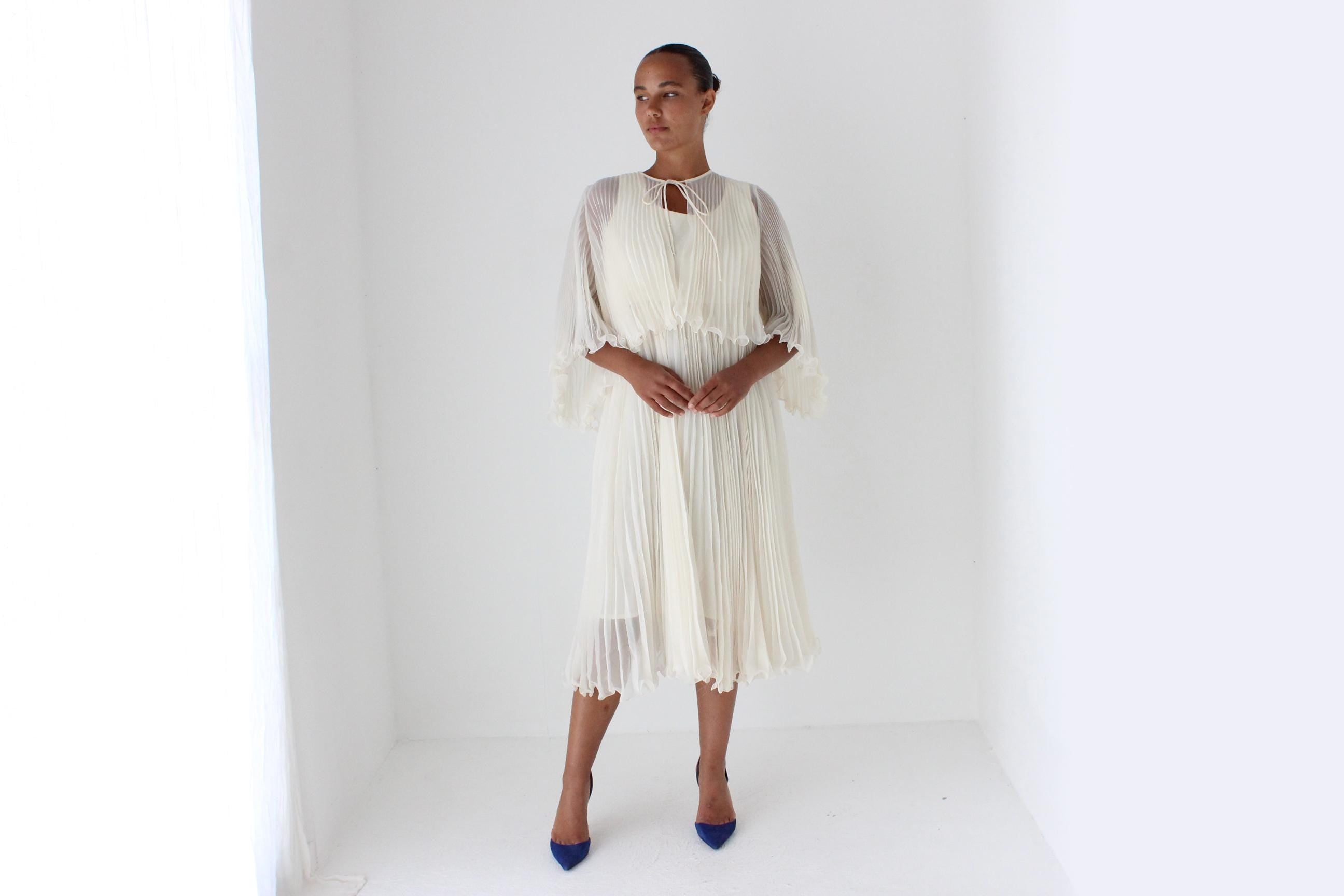 Dreamy 1960s Empire Waist Pleated Dress & Capelet Set