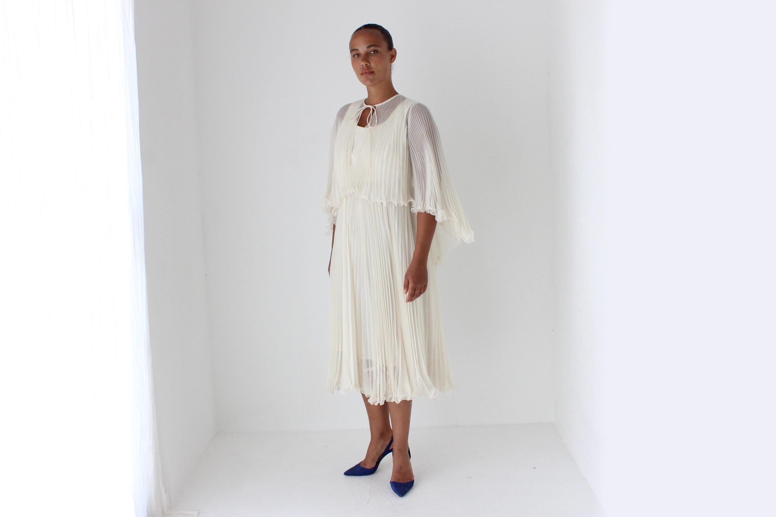 Dreamy 1960s Empire Waist Pleated Dress & Capelet Set