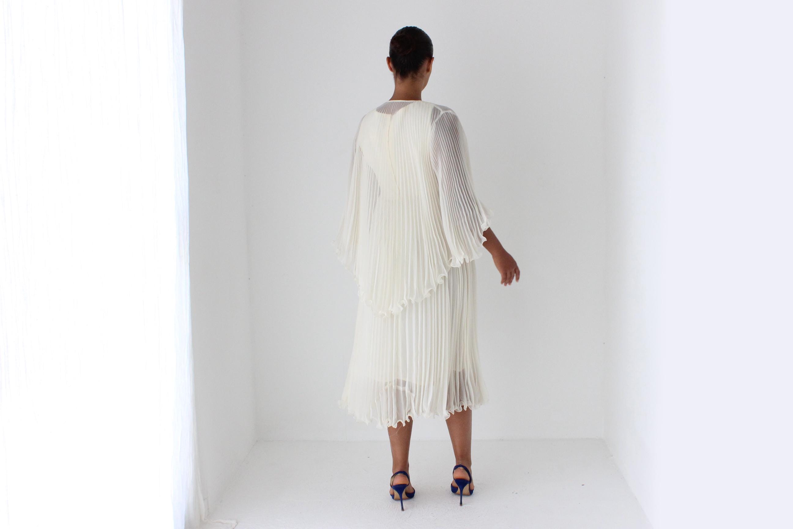 Dreamy 1960s Empire Waist Pleated Dress & Capelet Set