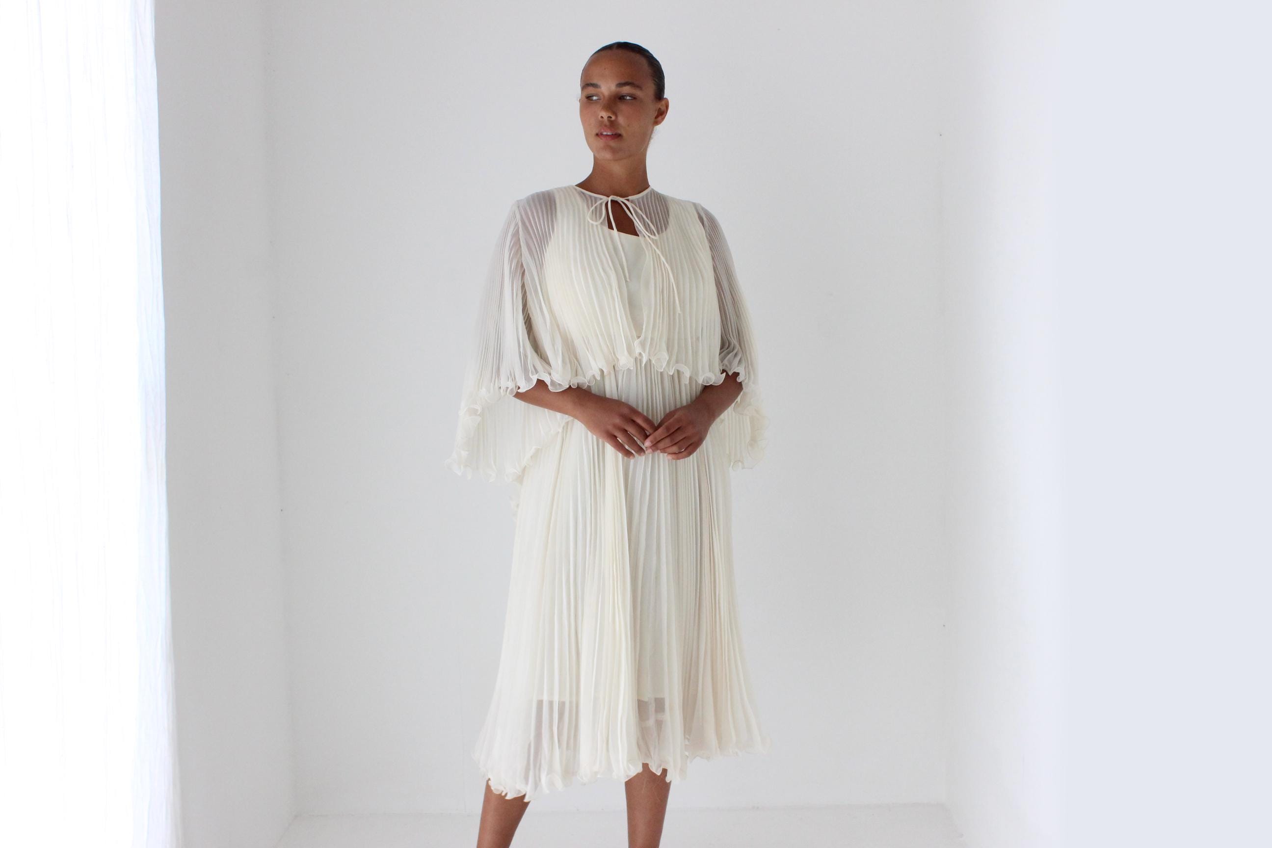 Dreamy 1960s Empire Waist Pleated Dress & Capelet Set