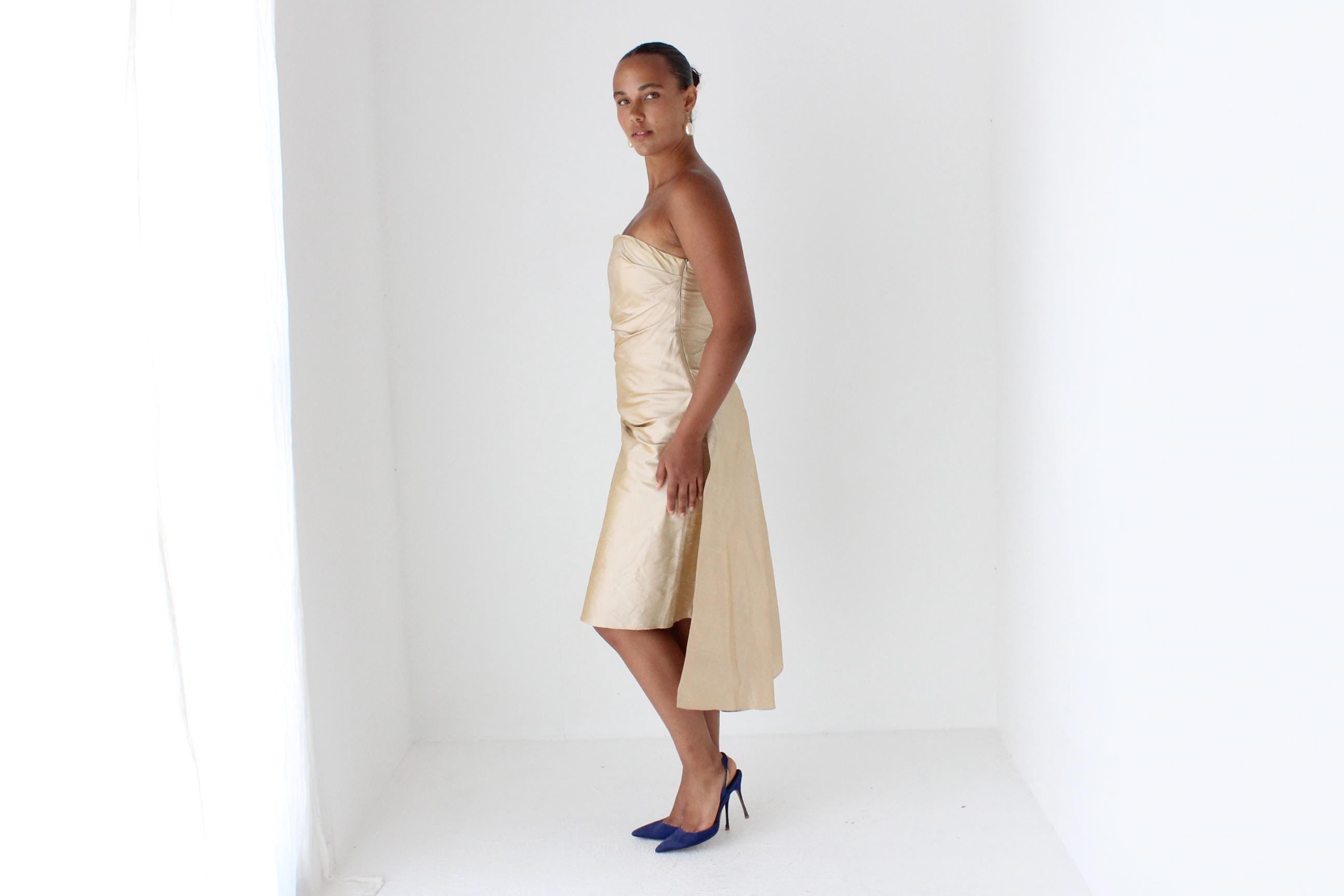 90s George Raw Silk Strapless Cocktail Dress w/ 'Train'