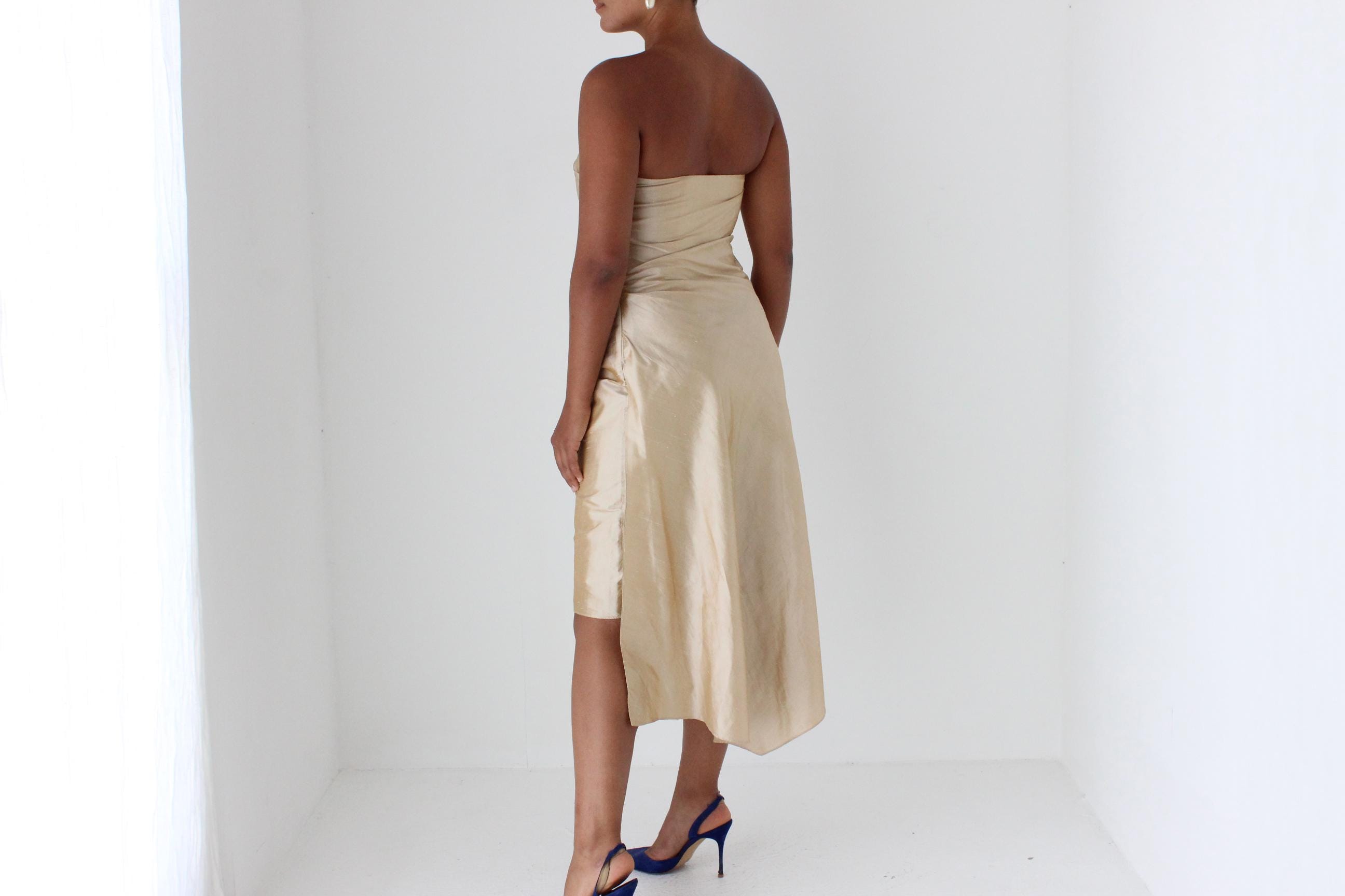 90s George Raw Silk Strapless Cocktail Dress w/ 'Train'