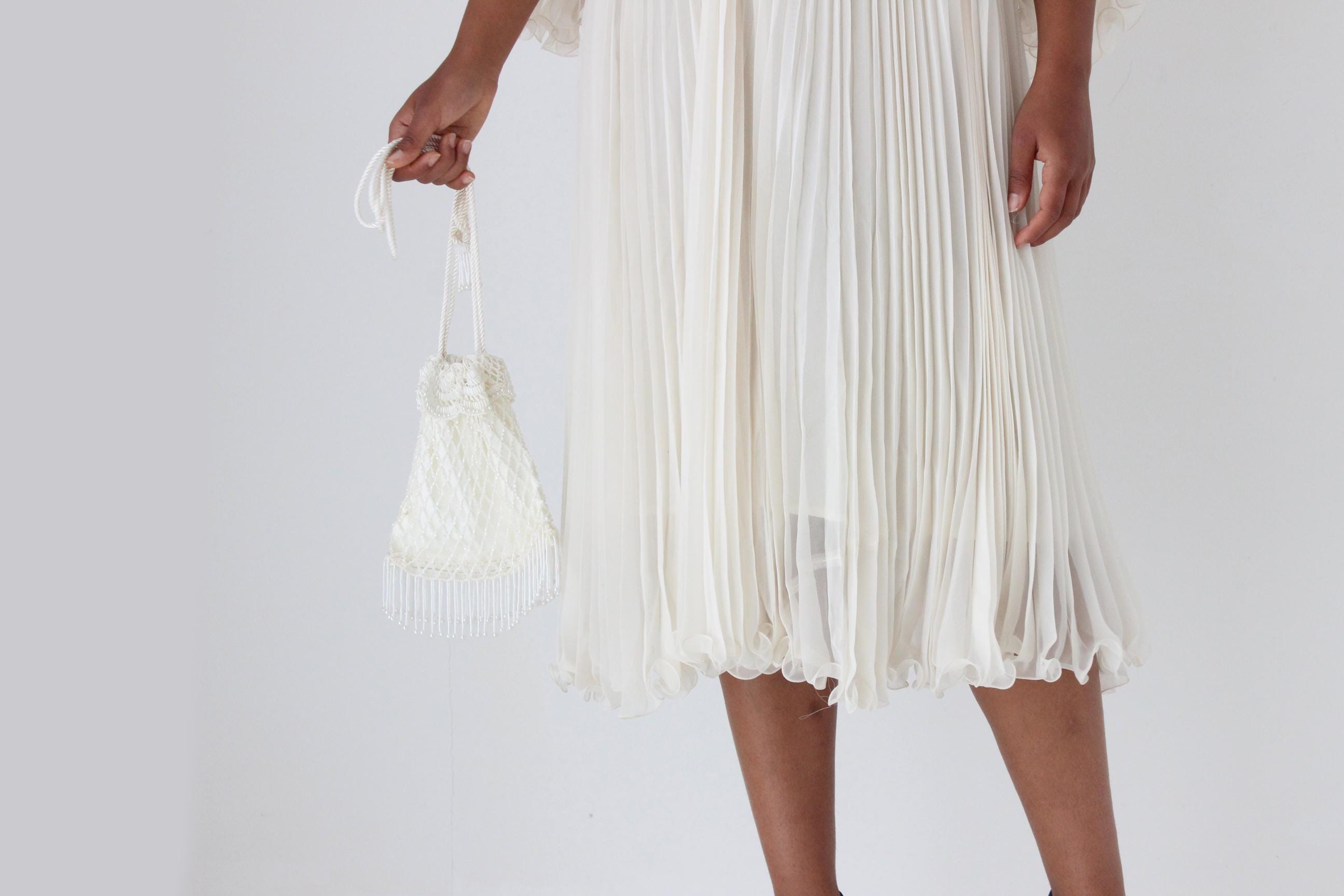 80s Ivory Beaded Drawstring Bag