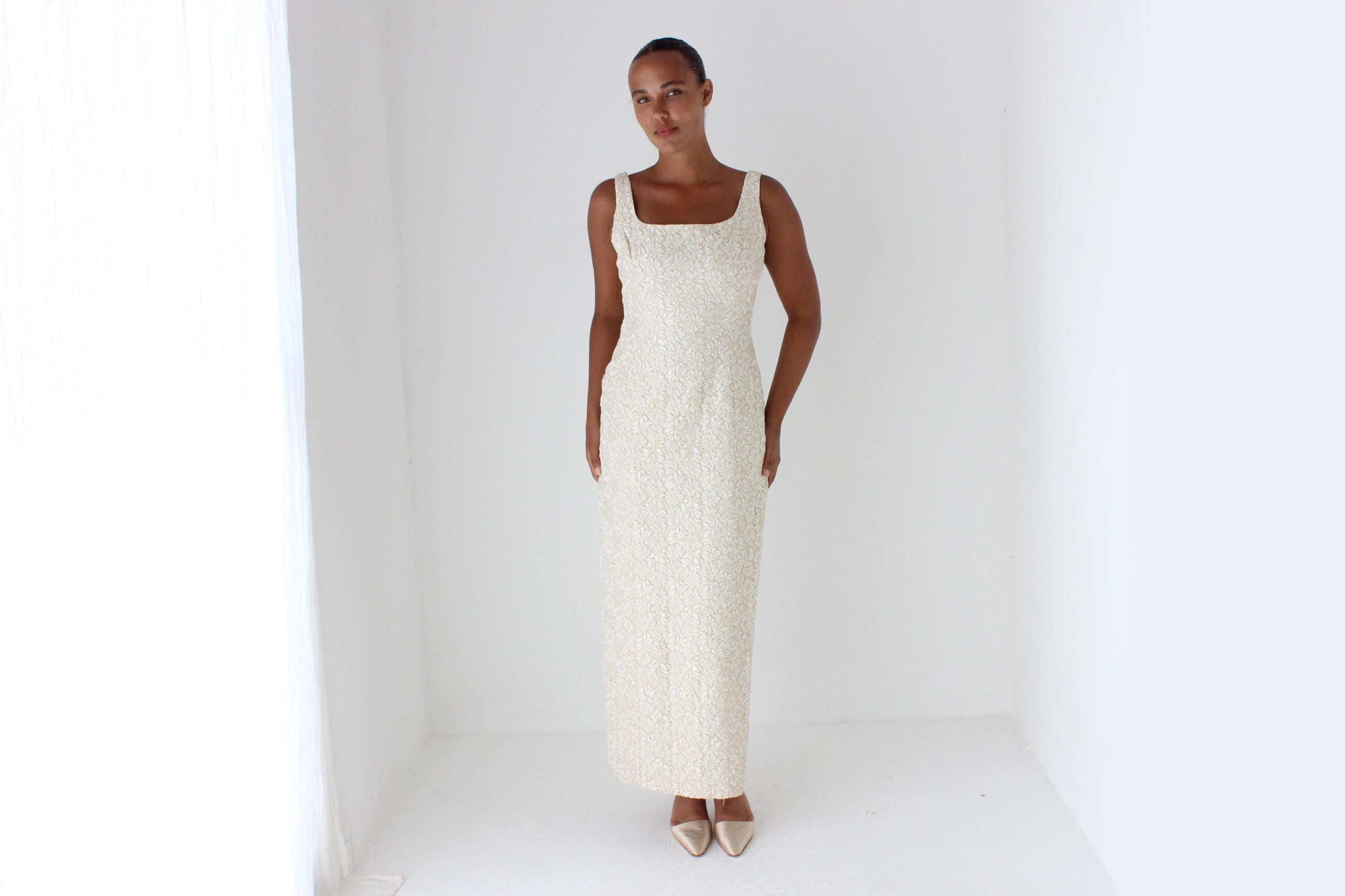 90s Carmen Marc Valvo Pastel Beaded Cocktail Gown w/ Matching Jacket