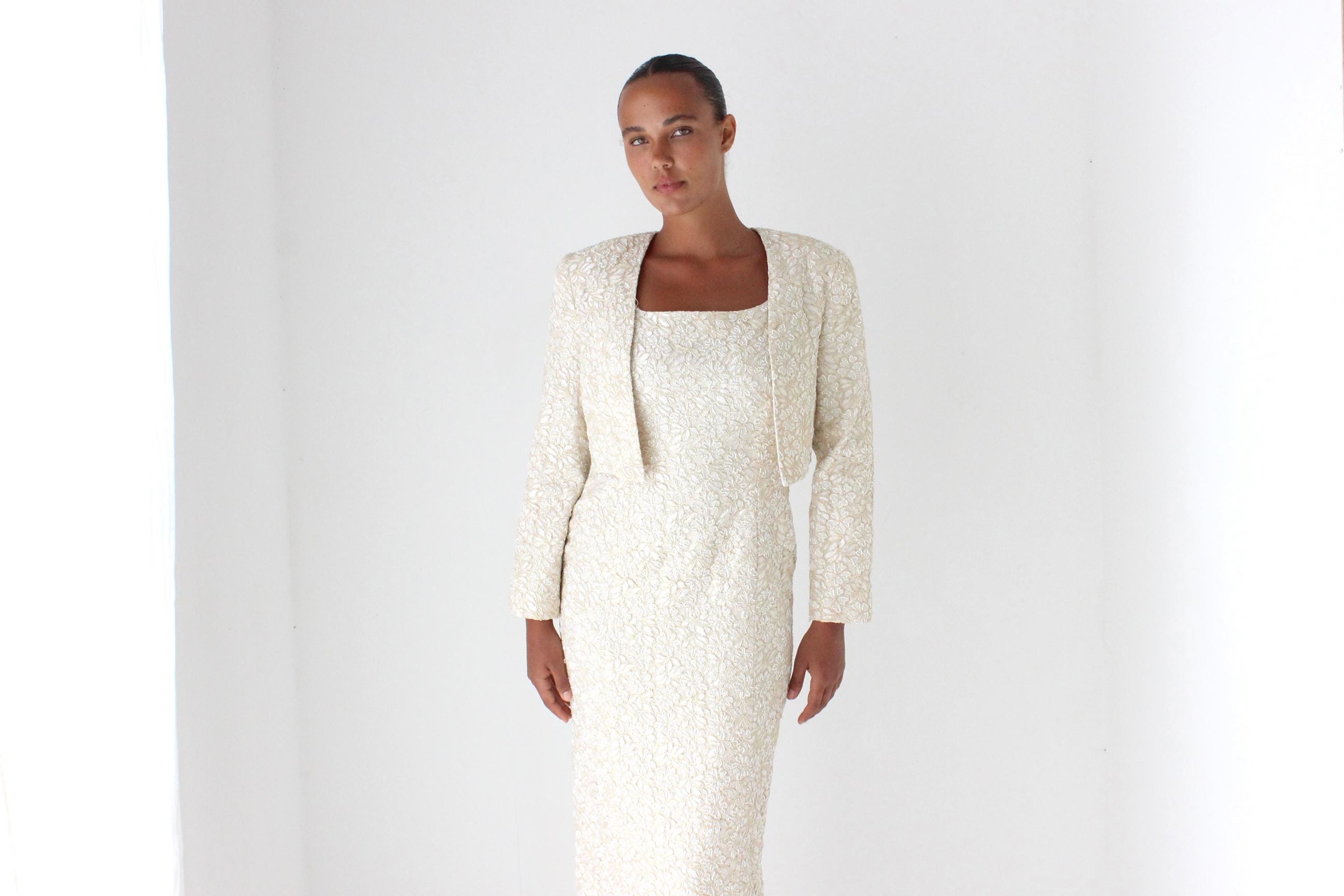 90s Carmen Marc Valvo Pastel Beaded Cocktail Gown w/ Matching Jacket