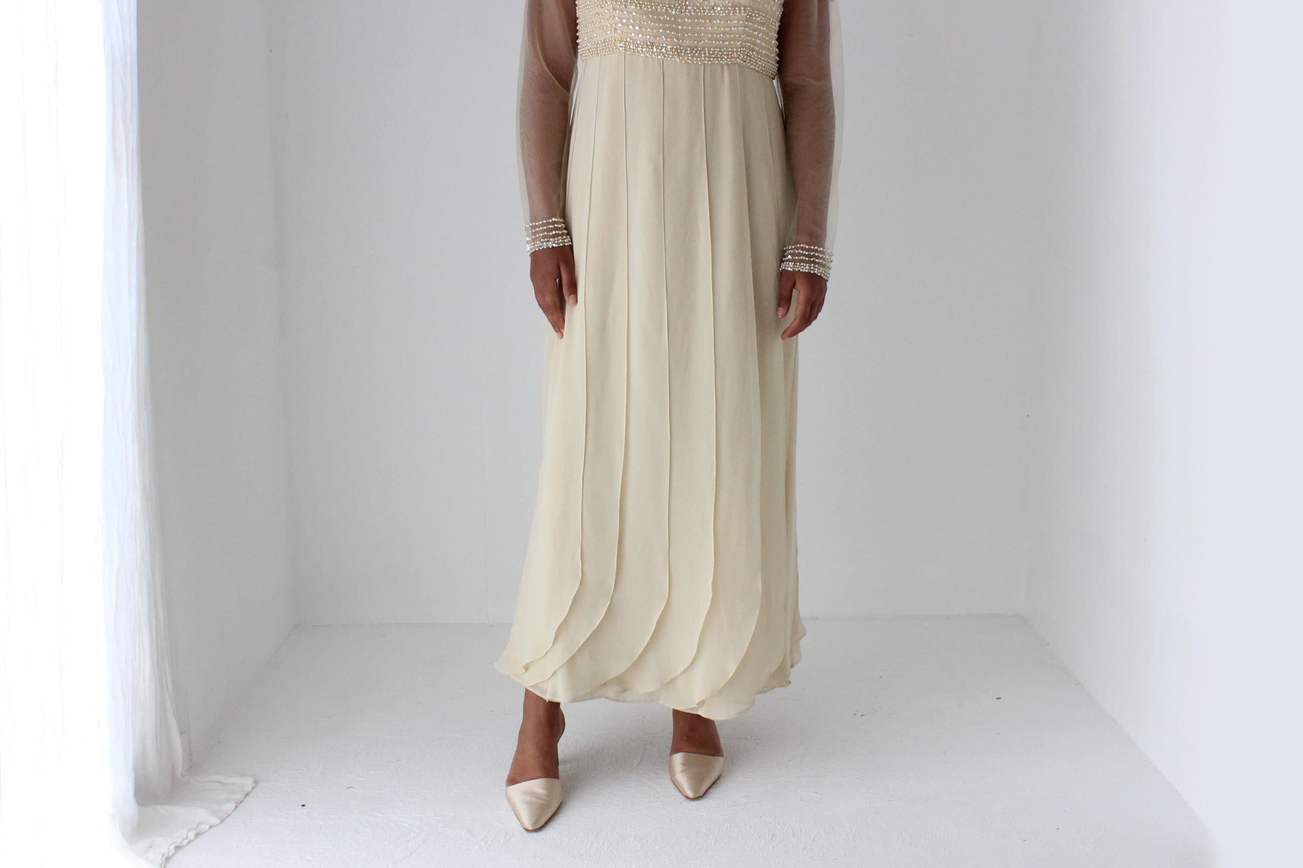 Terani Couture Beaded Mesh Gown w/ Panelled Skirt