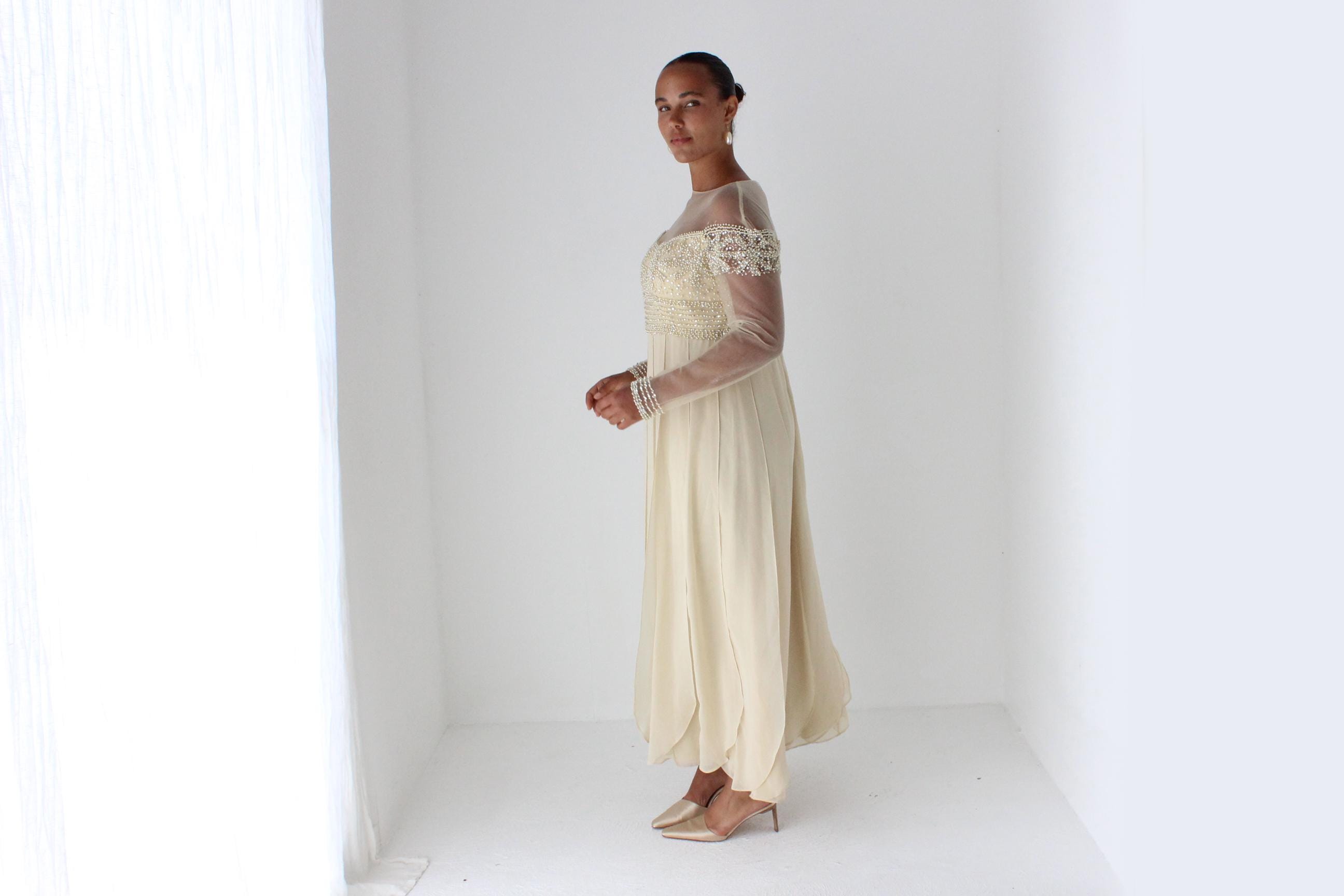 Terani Couture Beaded Mesh Gown w/ Panelled Skirt