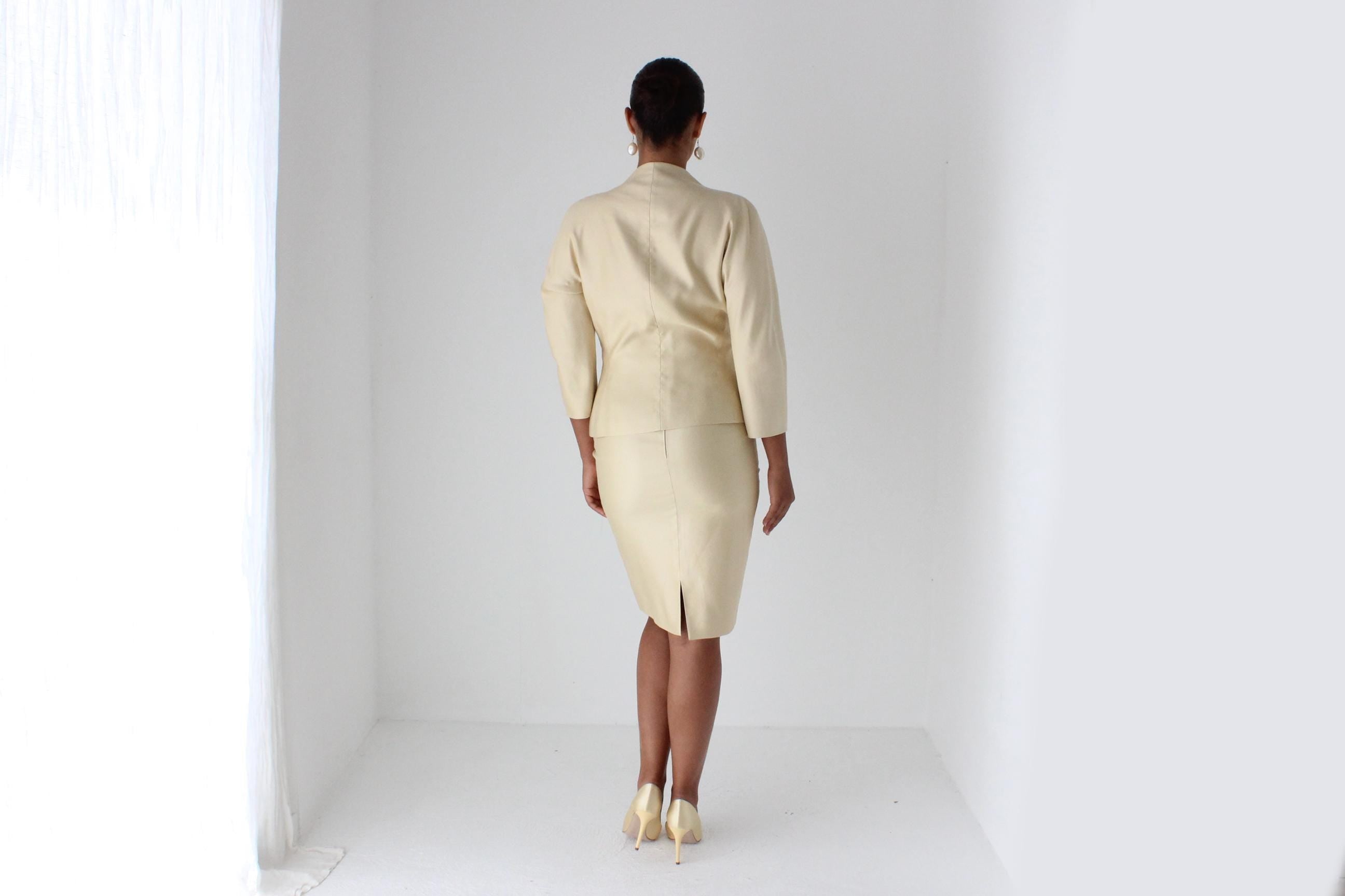 80s Emanuel Ungaro Golden Silk Plunge Skirt Suit
