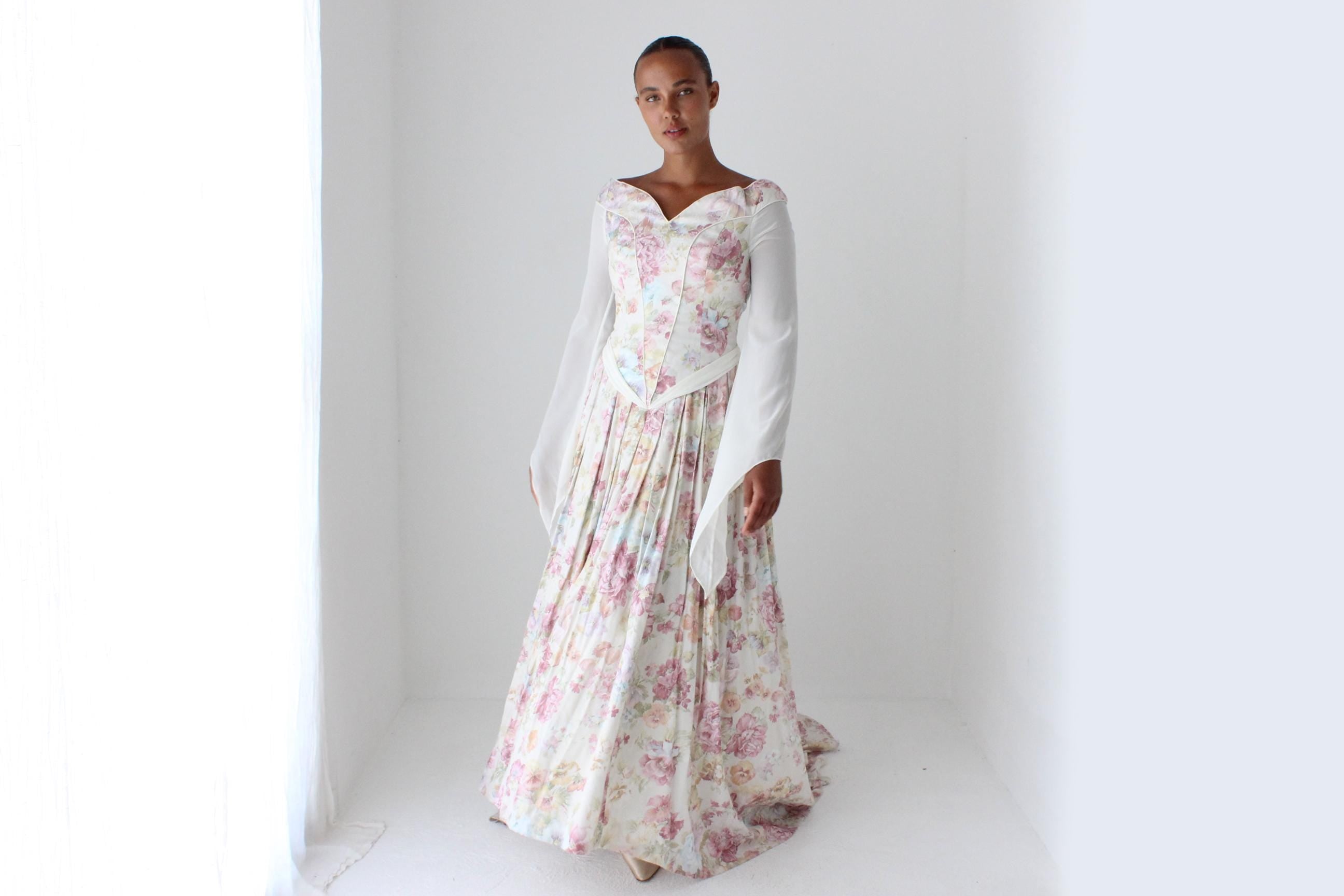 1990s Floral Maiden Renaissance Wedding Gown