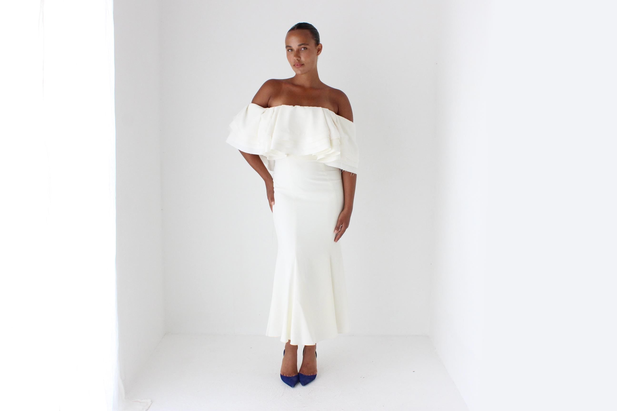 2000s Zac Posen for The White One Voluminous Off Shoulder Wedding Dress