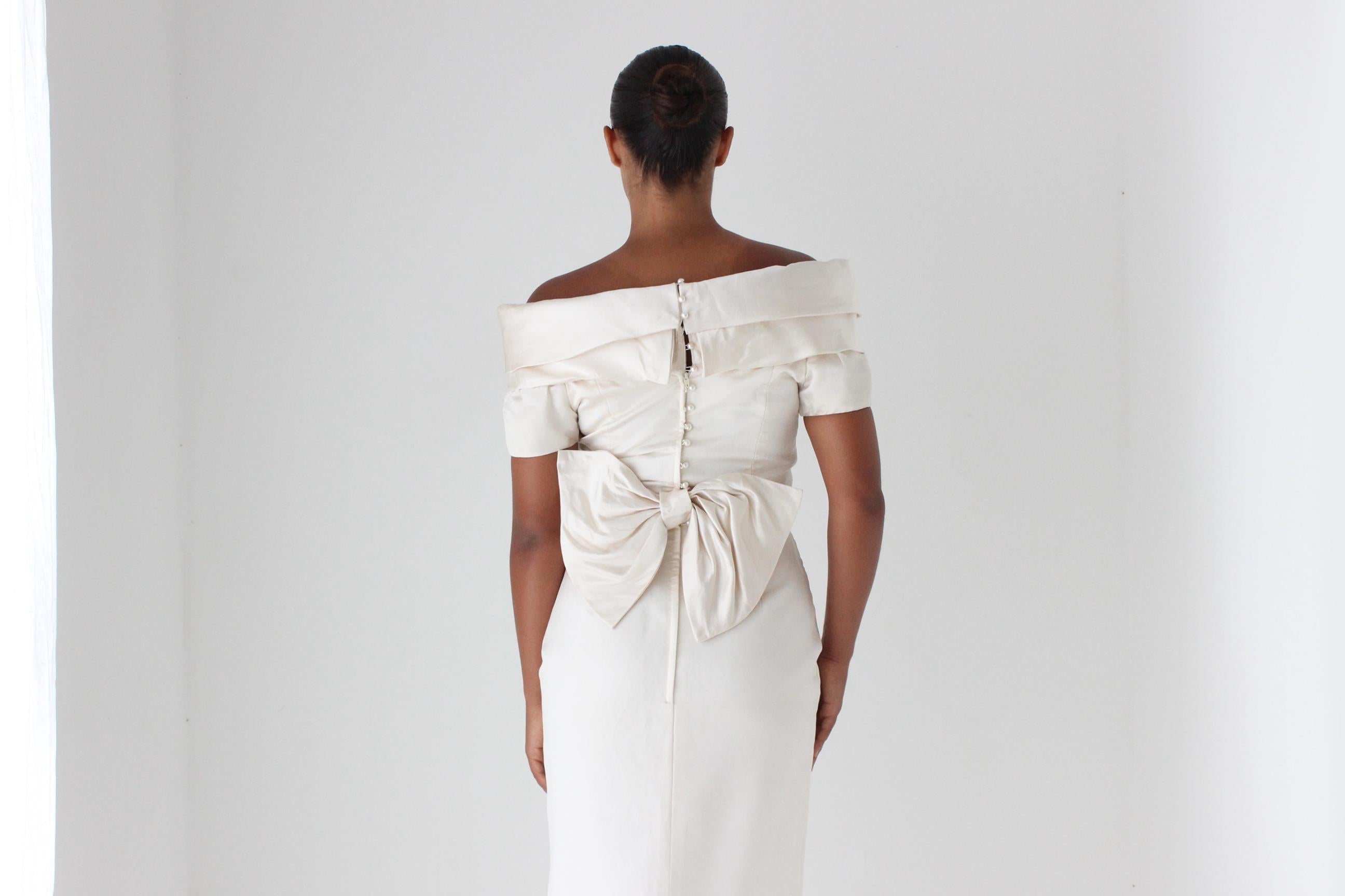 1990s Duchess Silk Off Shoulder Hourglass Gown w/ Back Bow + Detachable Train
