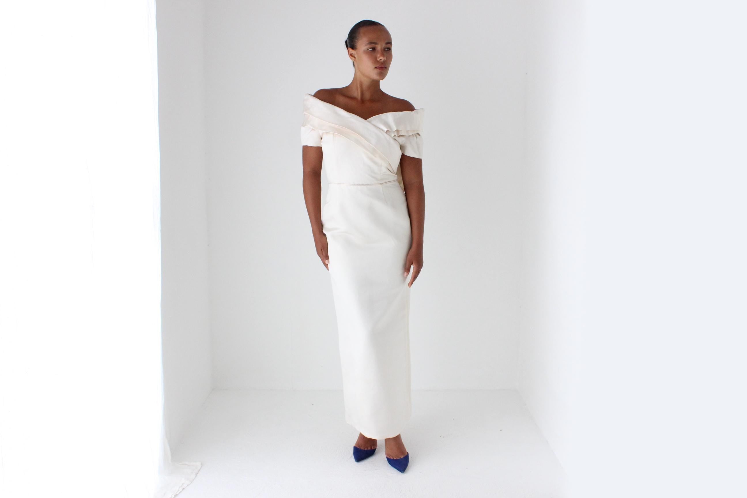 1990s Duchess Silk Off Shoulder Hourglass Gown w/ Back Bow + Detachable Train