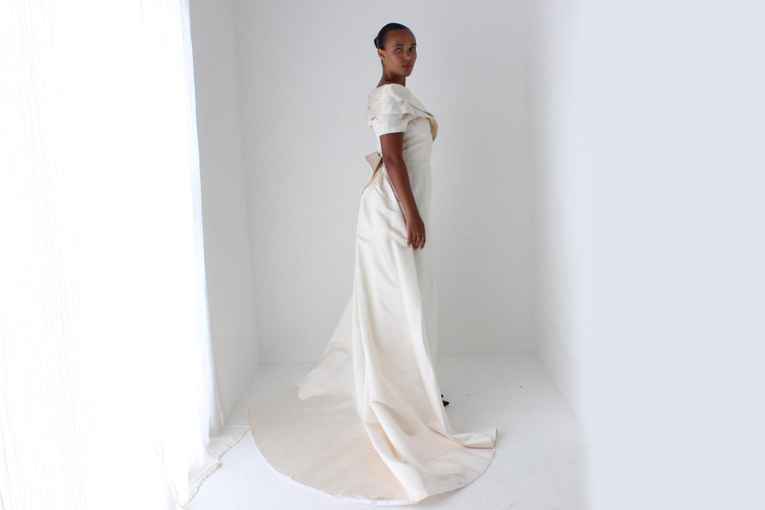 1990s Duchess Silk Off Shoulder Hourglass Gown w/ Back Bow + Detachable Train
