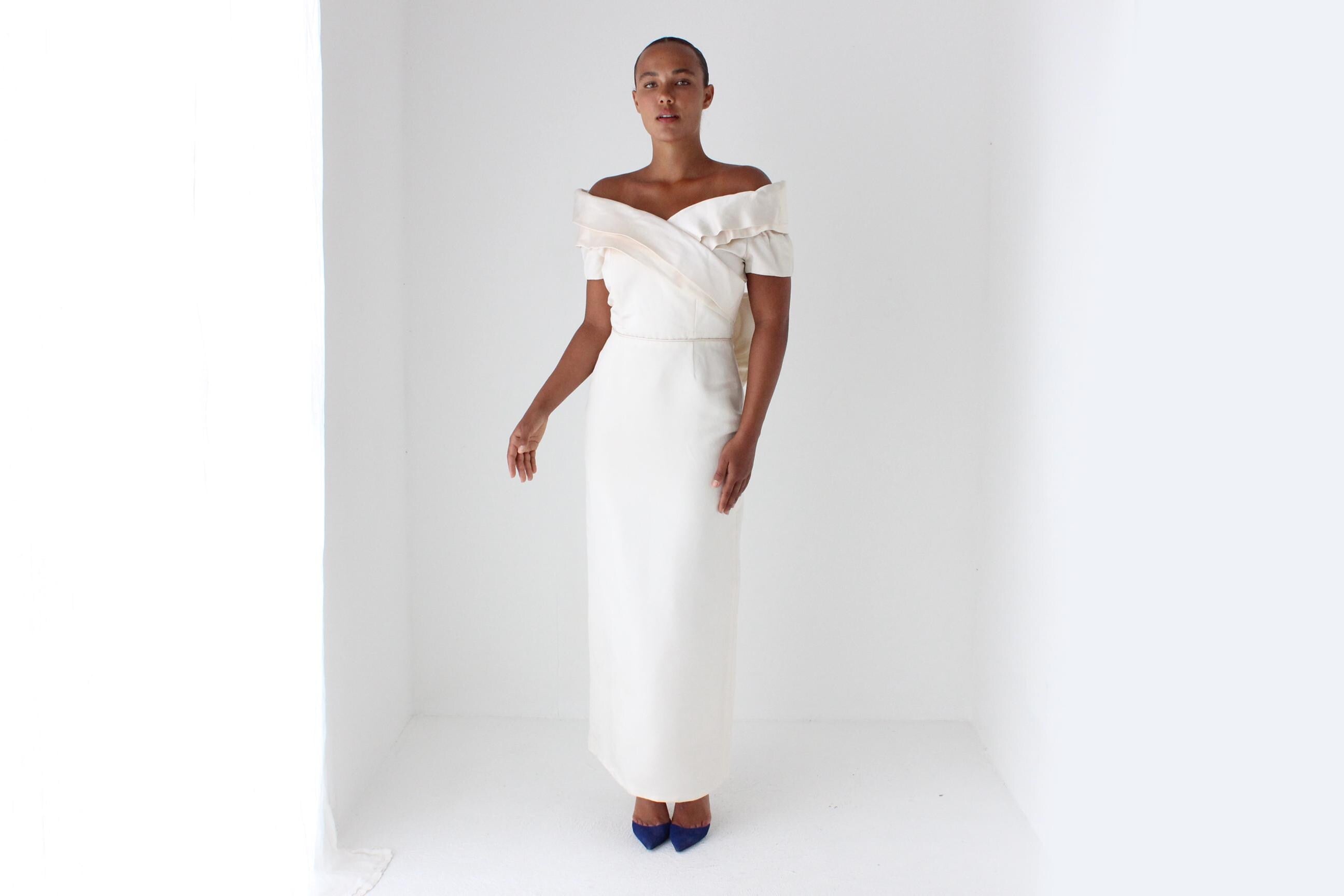 1990s Duchess Silk Off Shoulder Hourglass Gown w/ Back Bow + Detachable Train