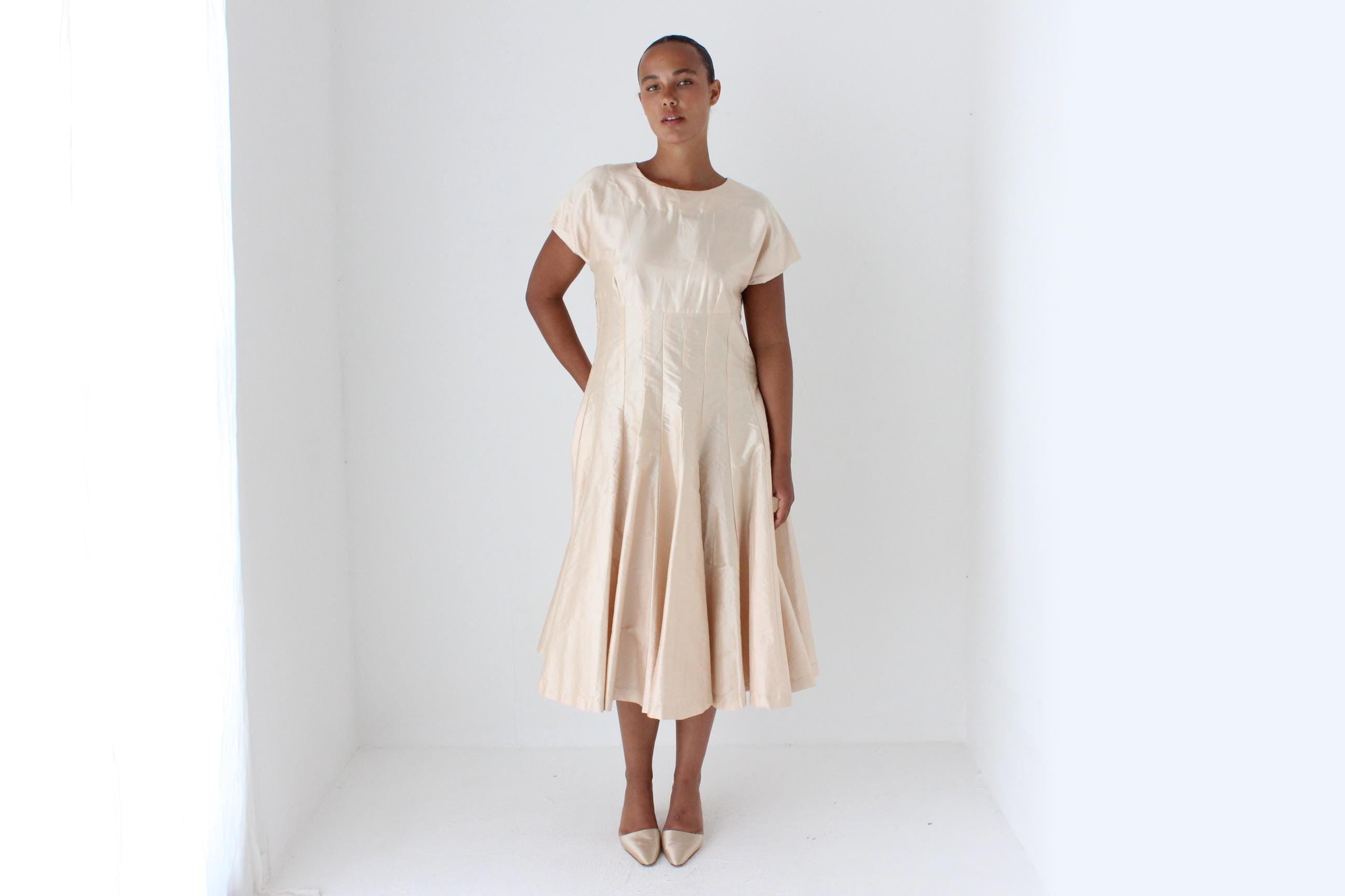 80s Raw Silk Rosewater Taffeta Cocktail Dress
