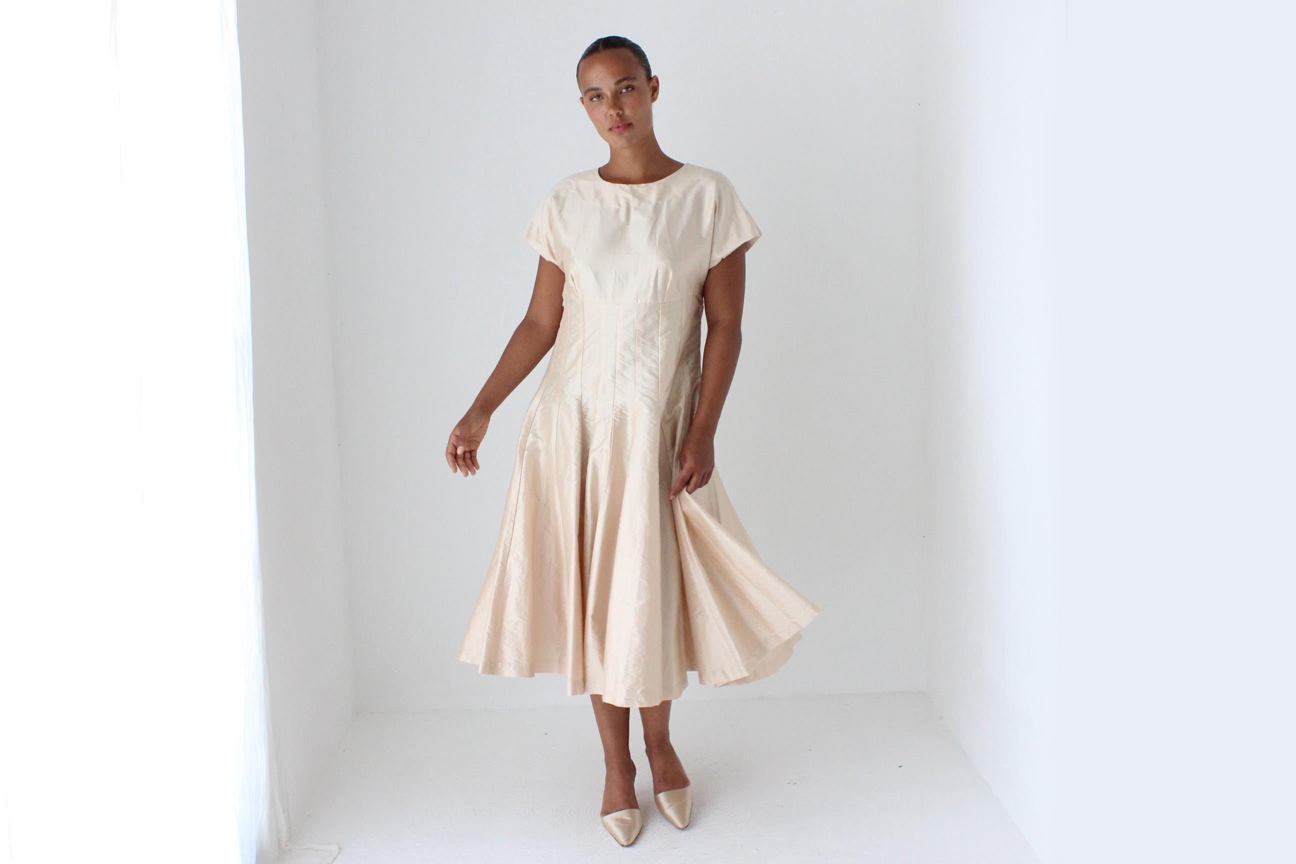 80s Raw Silk Rosewater Taffeta Cocktail Dress