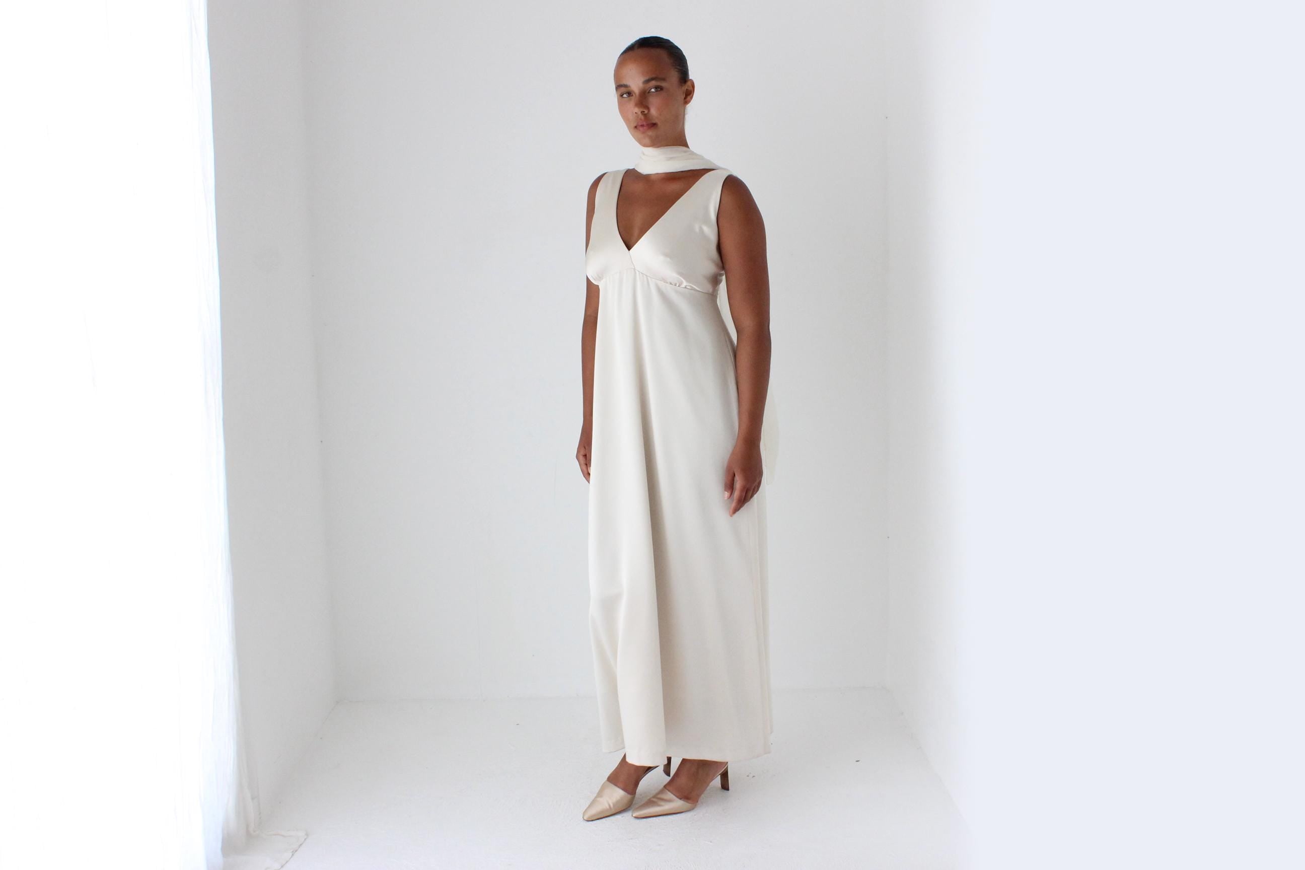 90s Neutral Satin Plunge Neck Empire Waist Gown