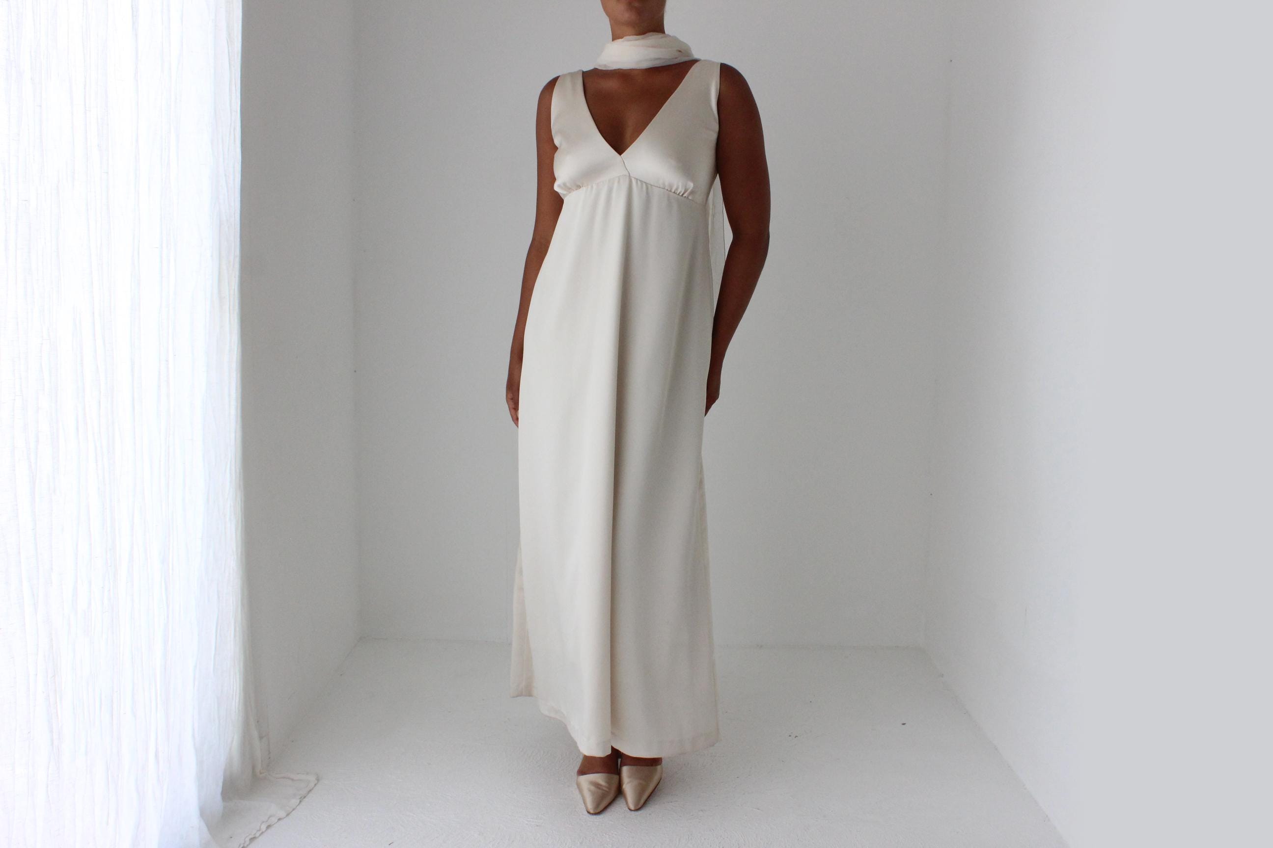 90s Neutral Satin Plunge Neck Empire Waist Gown