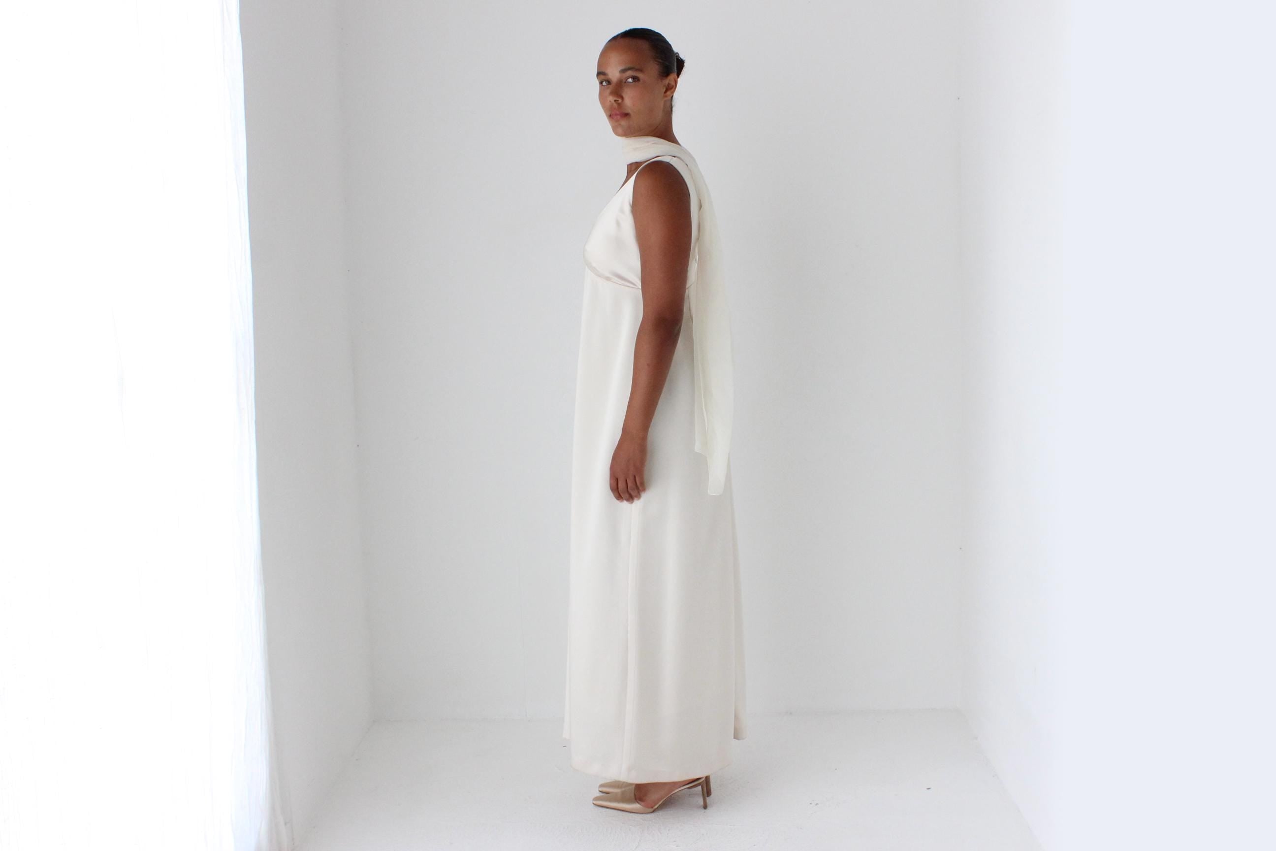 90s Neutral Satin Plunge Neck Empire Waist Gown