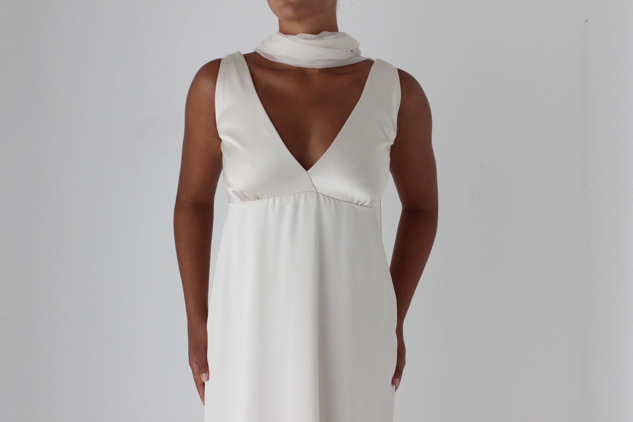 90s Neutral Satin Plunge Neck Empire Waist Gown