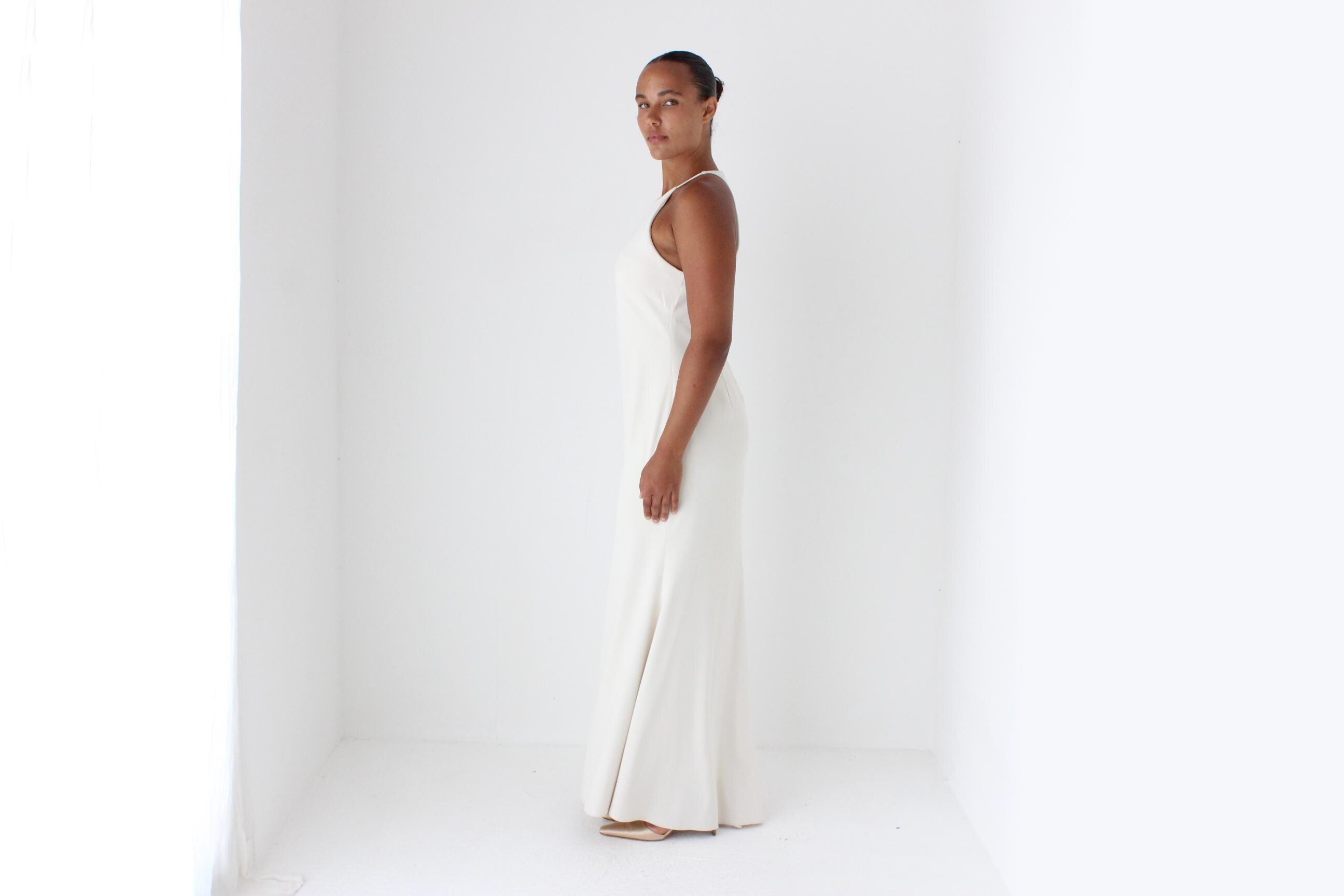 90s High Neck Neutral Crepe Gown