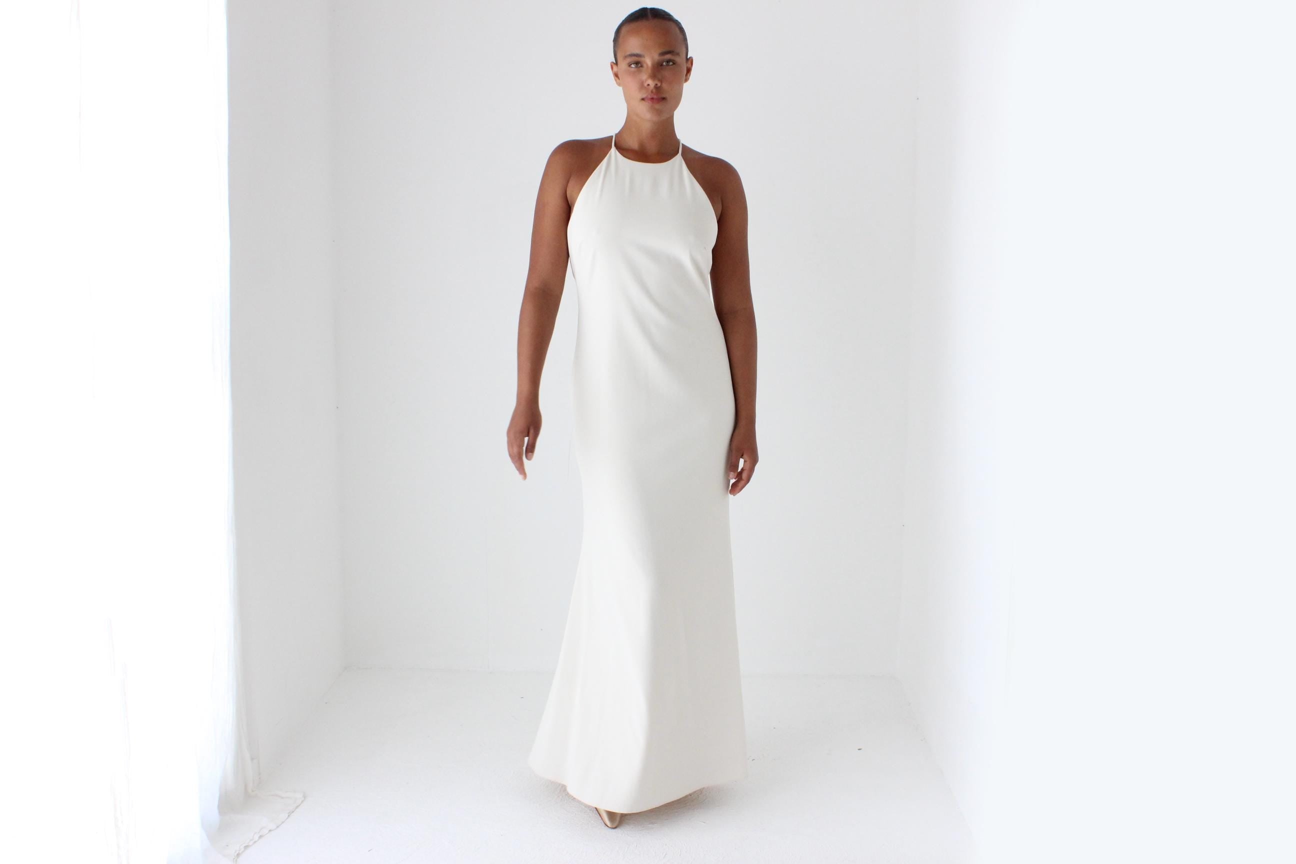 90s High Neck Neutral Crepe Gown