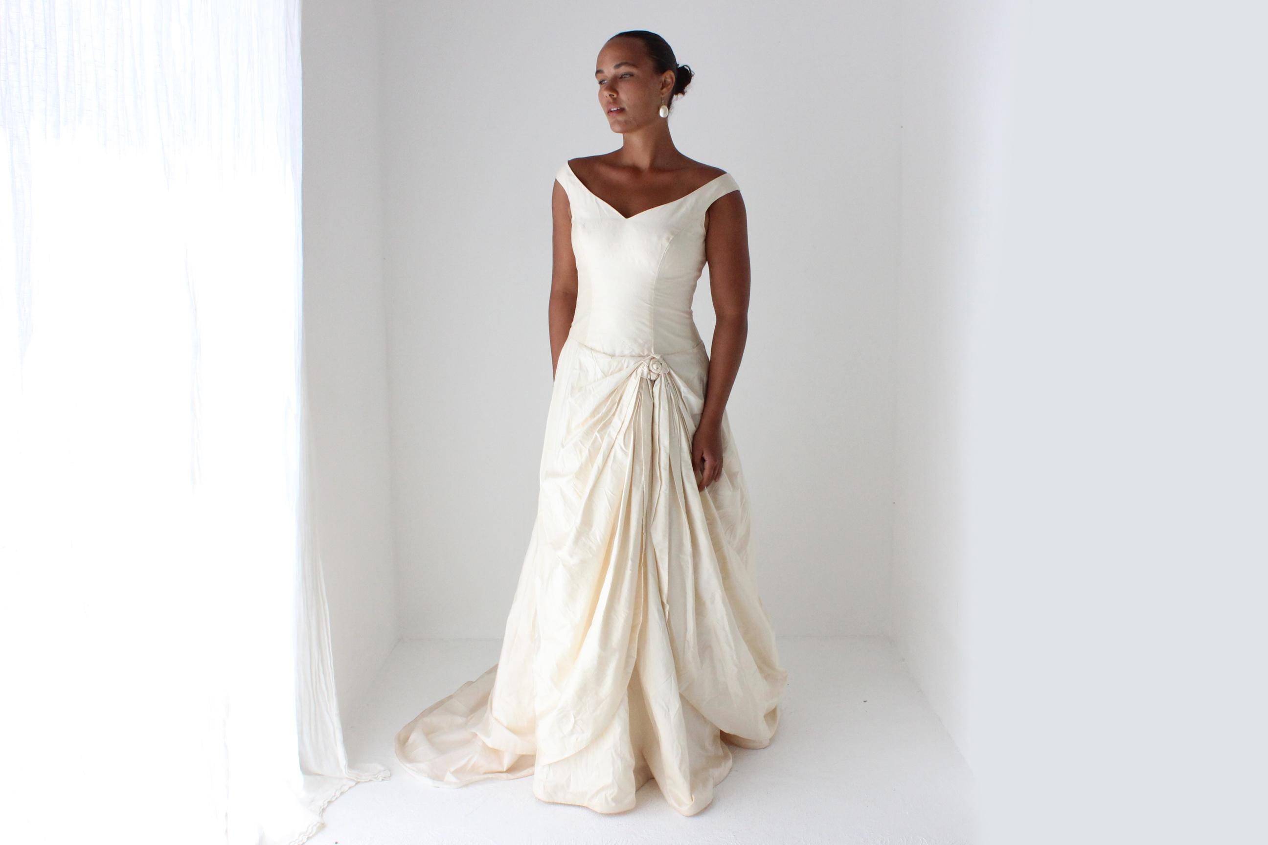 1980s Cream Silk Dupion Drop Waist Gown
