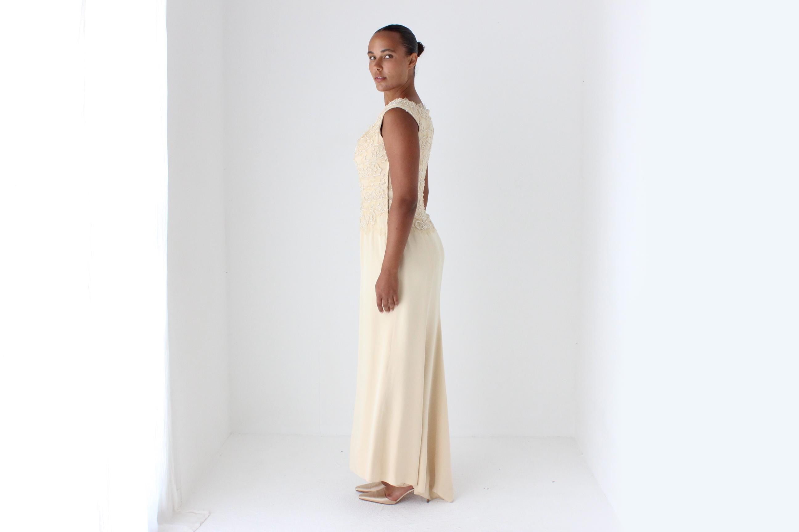 1990s LIANCARLO COUTURE Beaded Lace Buttercream Gown