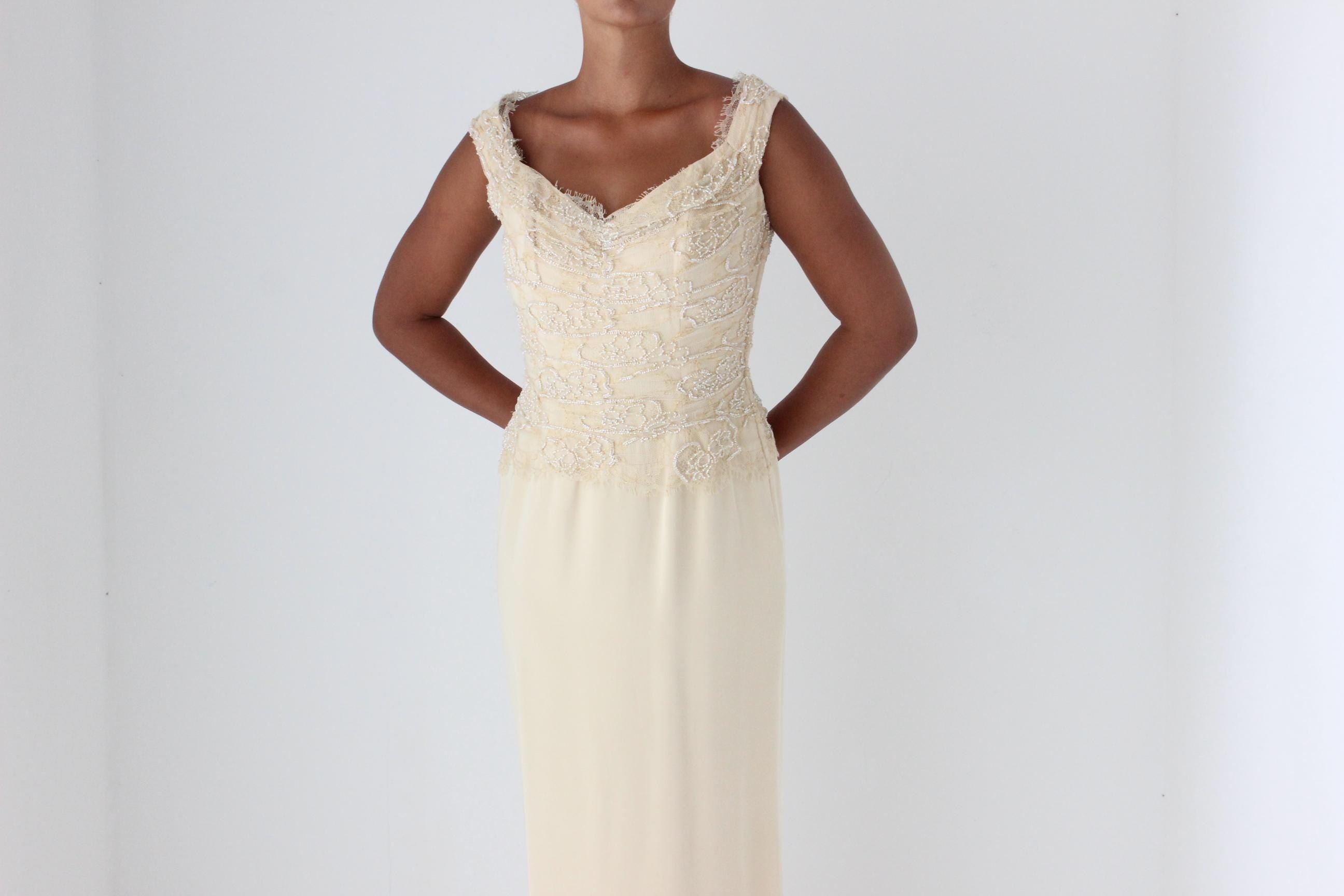 1990s LIANCARLO COUTURE Beaded Lace Buttercream Gown