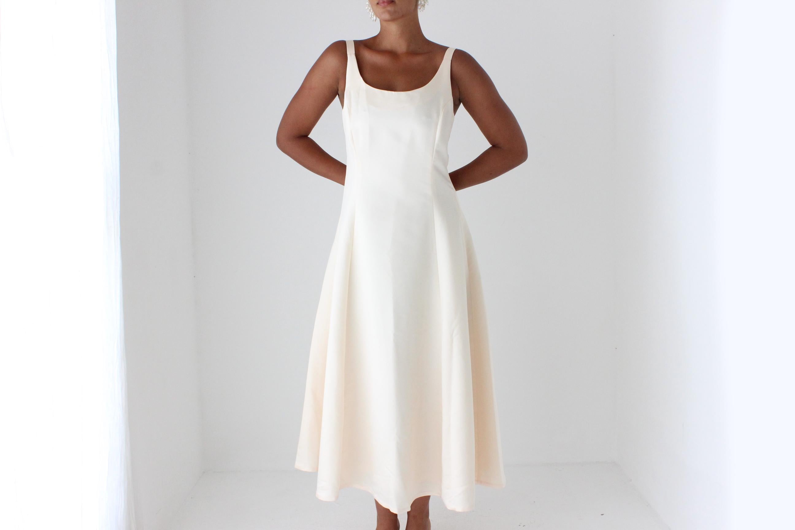90s Minimal Duchess Satin Scoop Neck Vintage Cocktail Gown