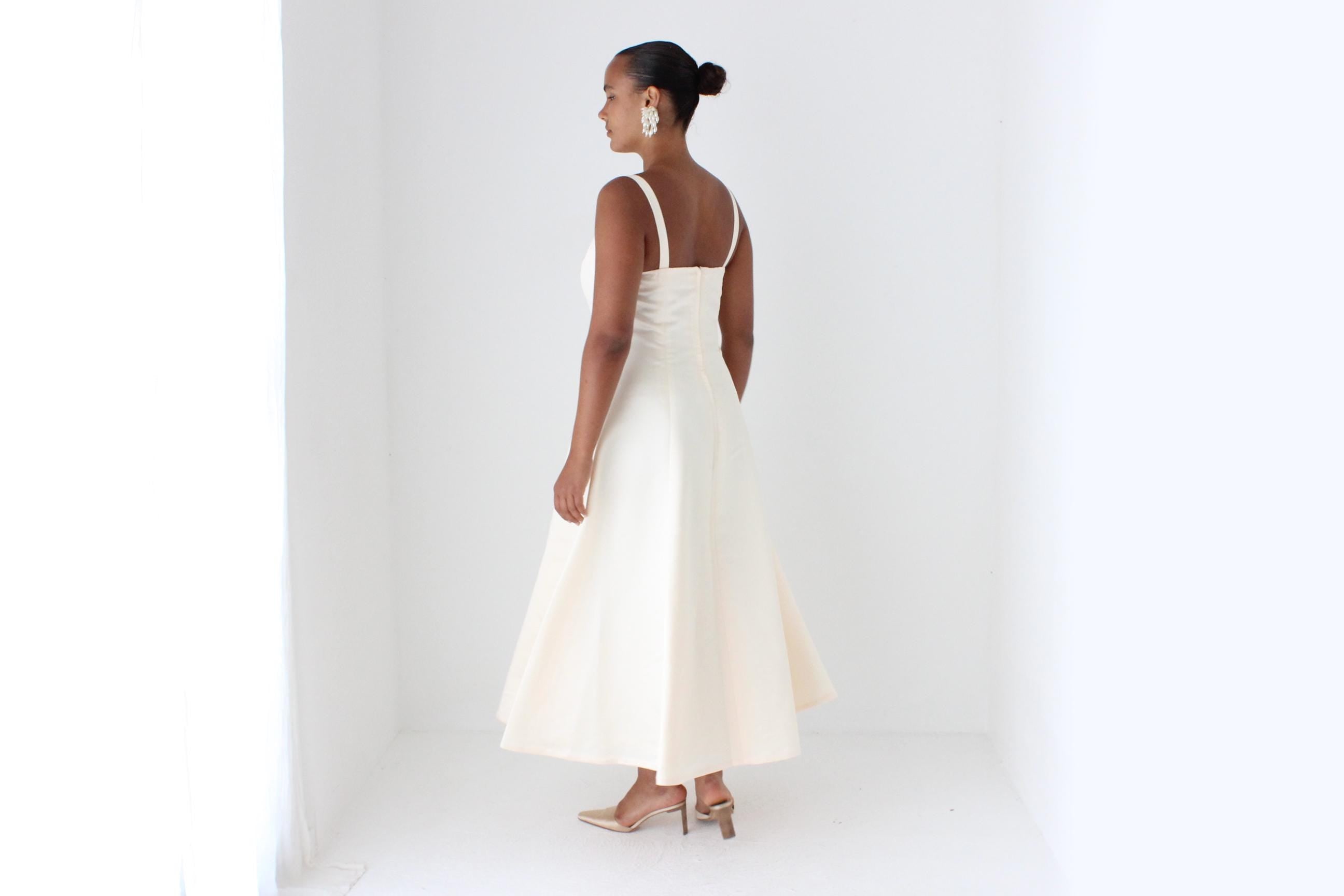 90s Minimal Duchess Satin Scoop Neck Vintage Cocktail Gown