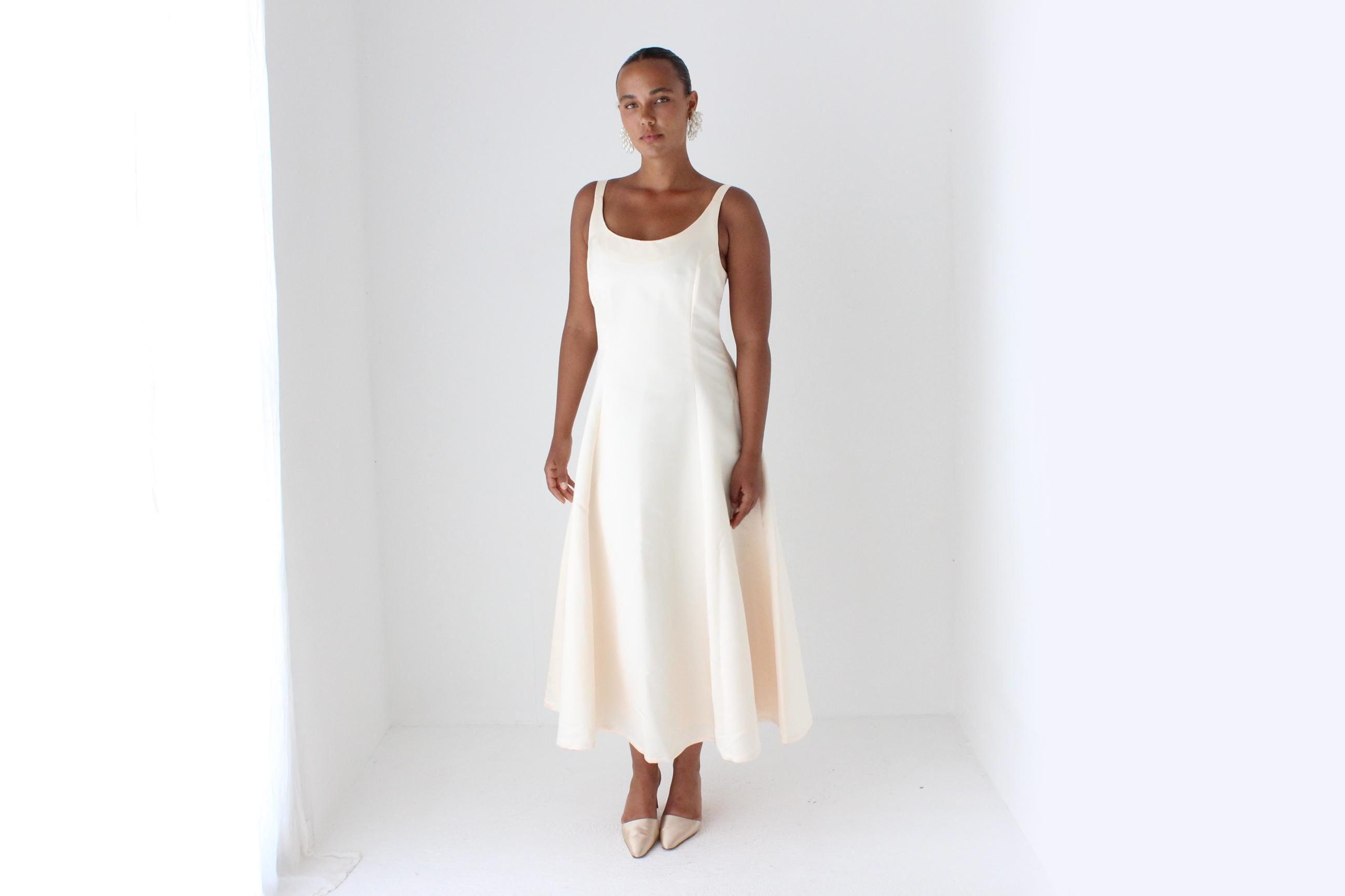 90s Minimal Duchess Satin Scoop Neck Vintage Cocktail Gown