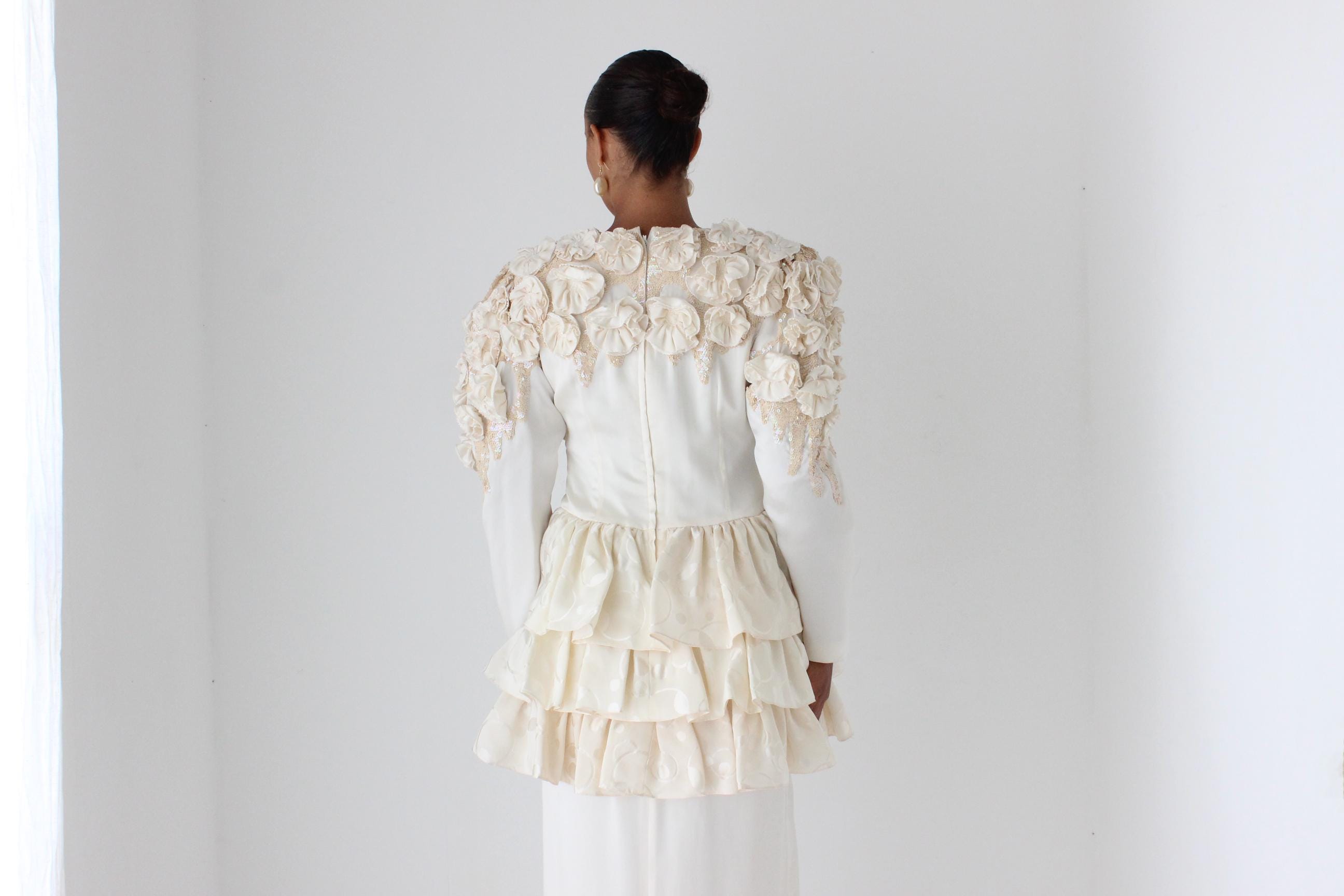 Fabulous 80s Silk Ruffle, Rosette & Sequin Dress