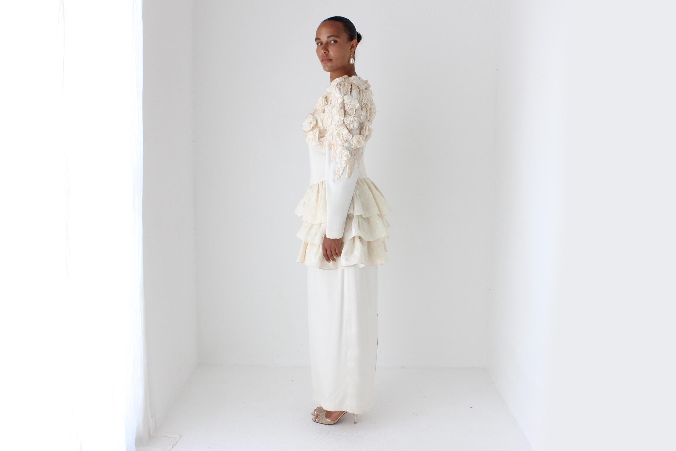 Fabulous 80s Silk Ruffle, Rosette & Sequin Dress