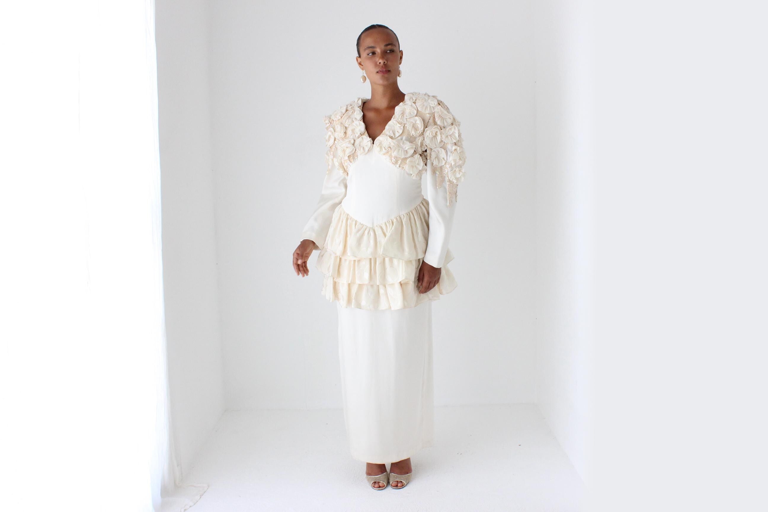 Fabulous 80s Silk Ruffle, Rosette & Sequin Dress