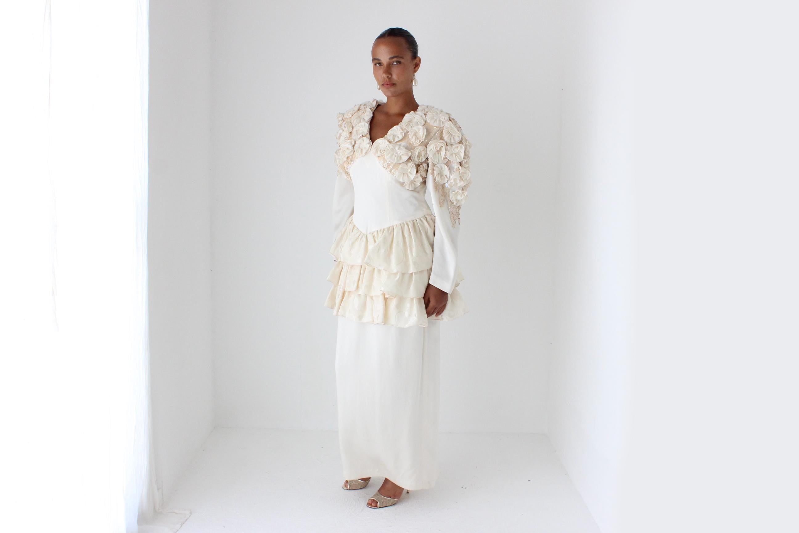 Fabulous 80s Silk Ruffle, Rosette & Sequin Dress