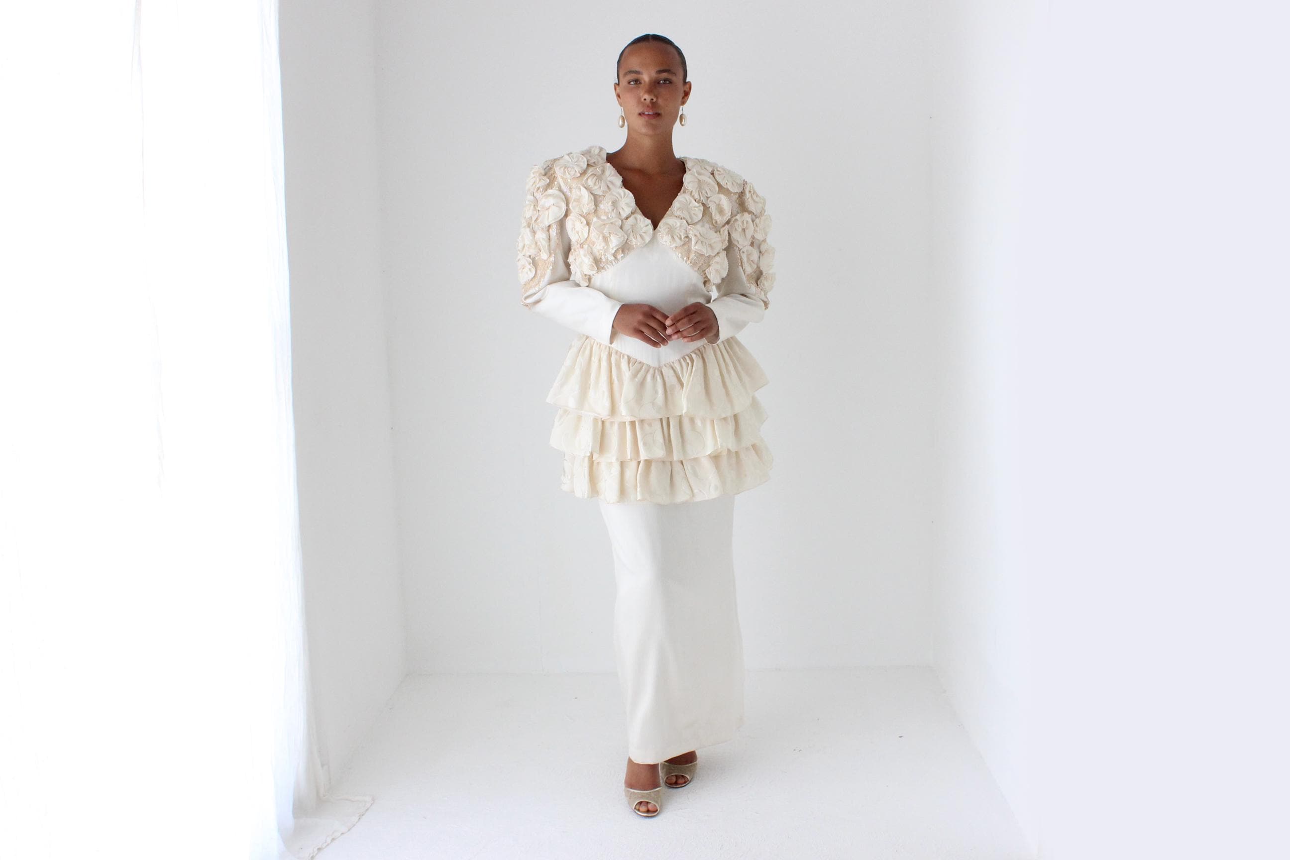 Fabulous 80s Silk Ruffle, Rosette & Sequin Dress