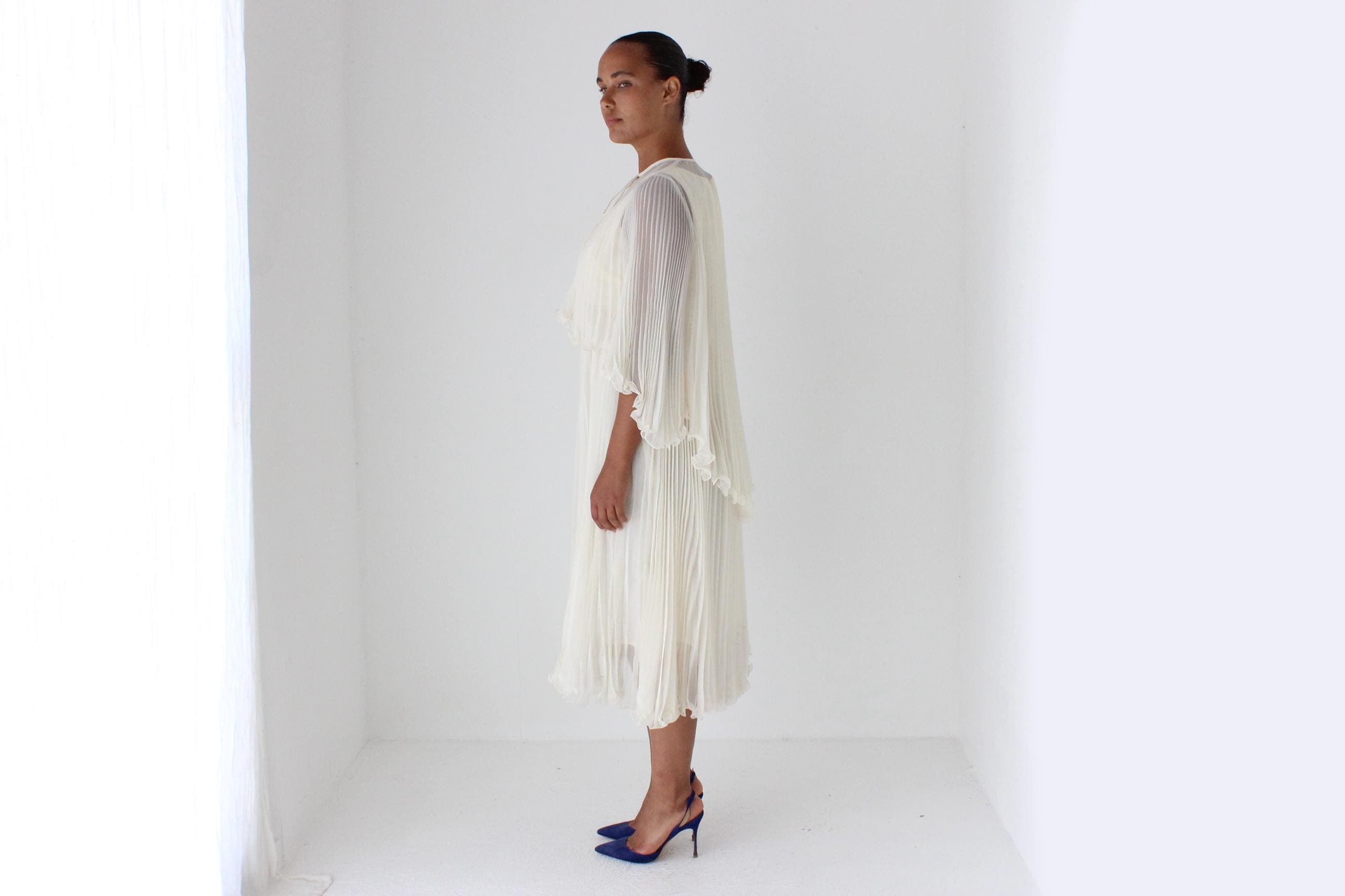 Dreamy 1960s Empire Waist Pleated Dress & Capelet Set