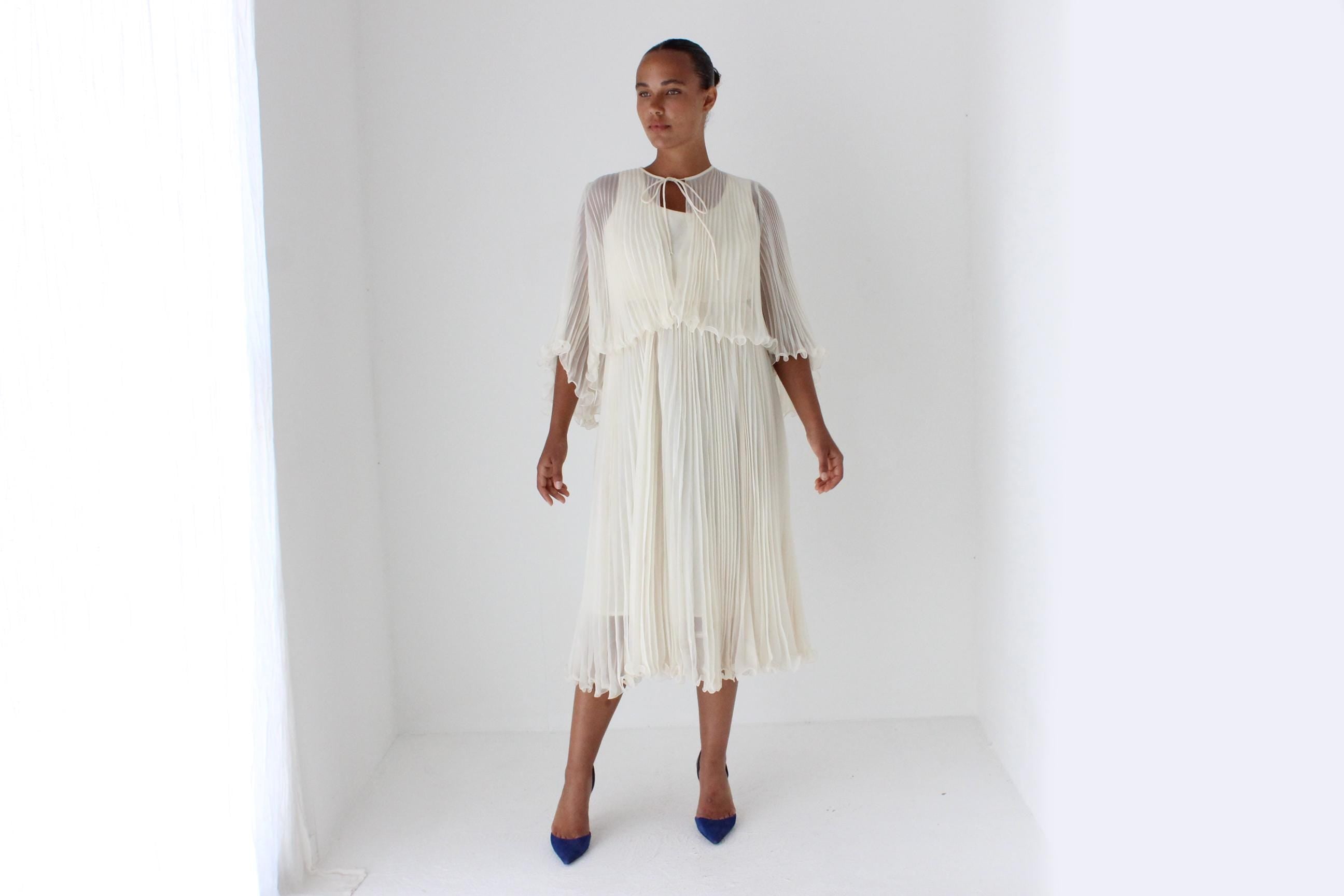 Dreamy 1960s Empire Waist Pleated Dress & Capelet Set