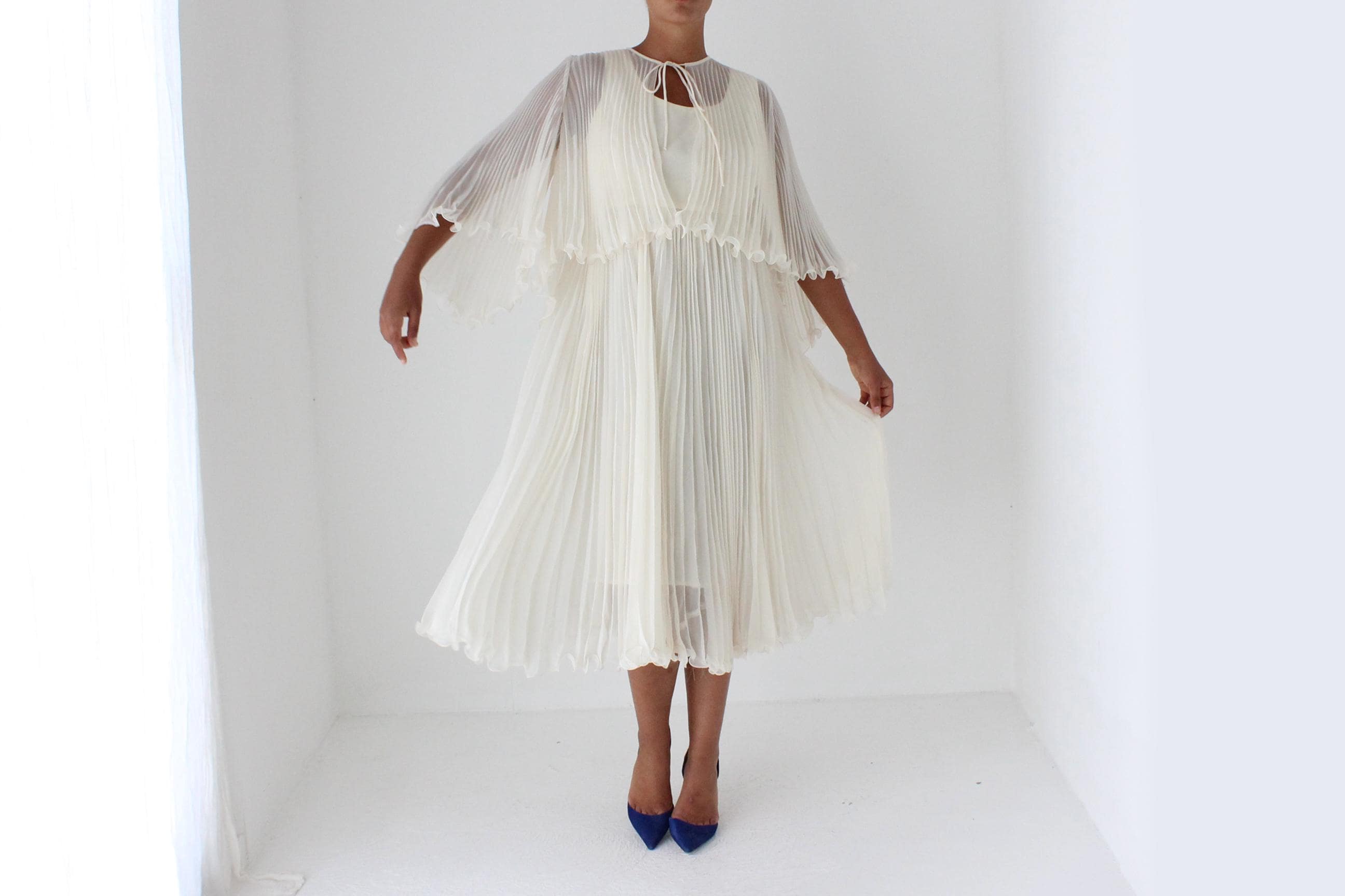 Dreamy 1960s Empire Waist Pleated Dress & Capelet Set