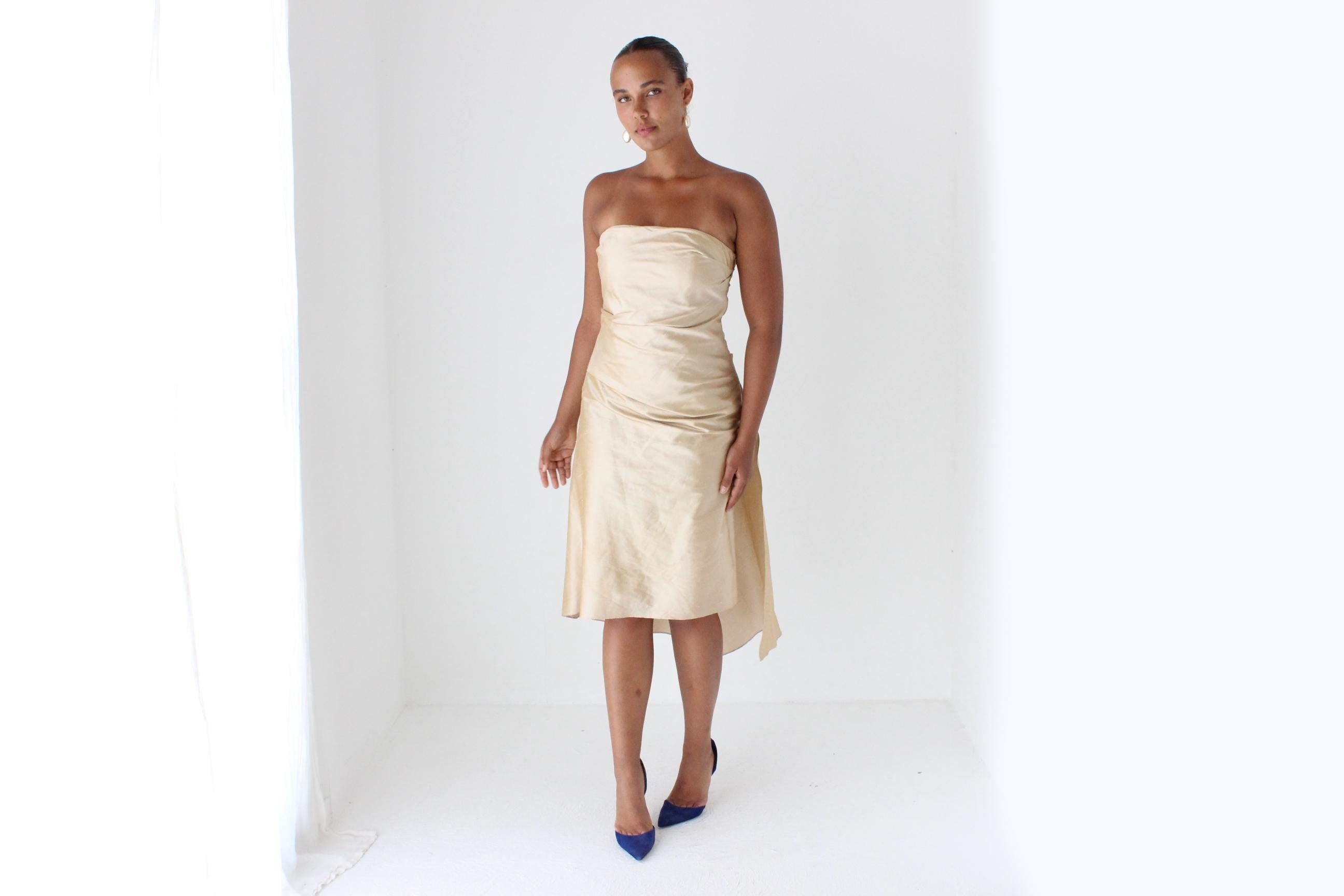 90s George Raw Silk Strapless Cocktail Dress w/ 'Train'