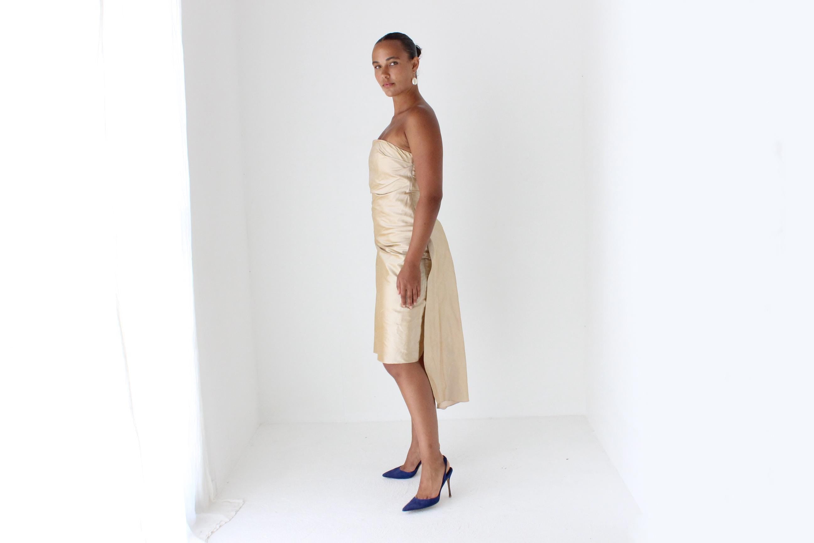 90s George Raw Silk Strapless Cocktail Dress w/ 'Train'